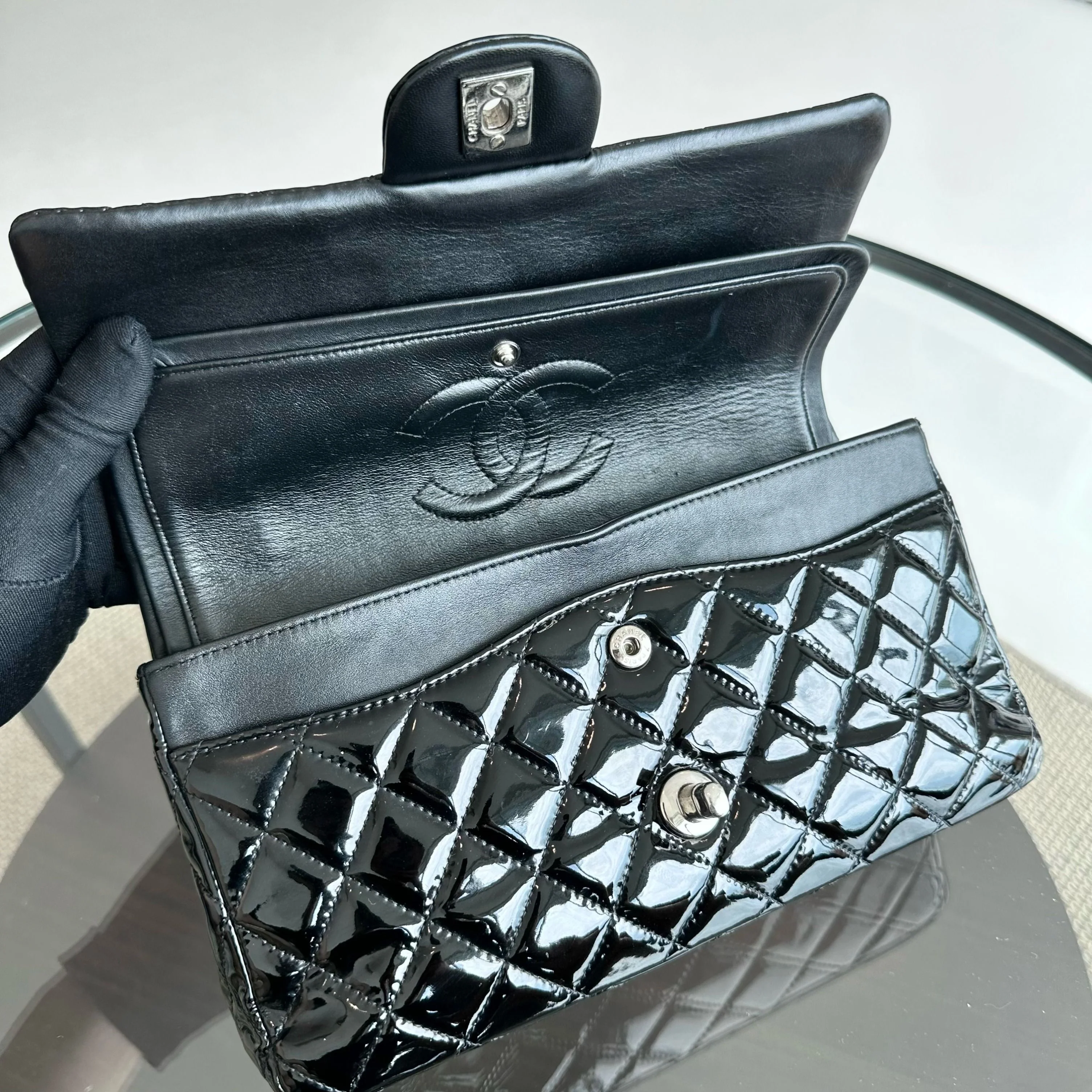 Chanel Classic Flap Medium Double Flap Patent Leather Quilted Black SHW - Best Luxury Designers