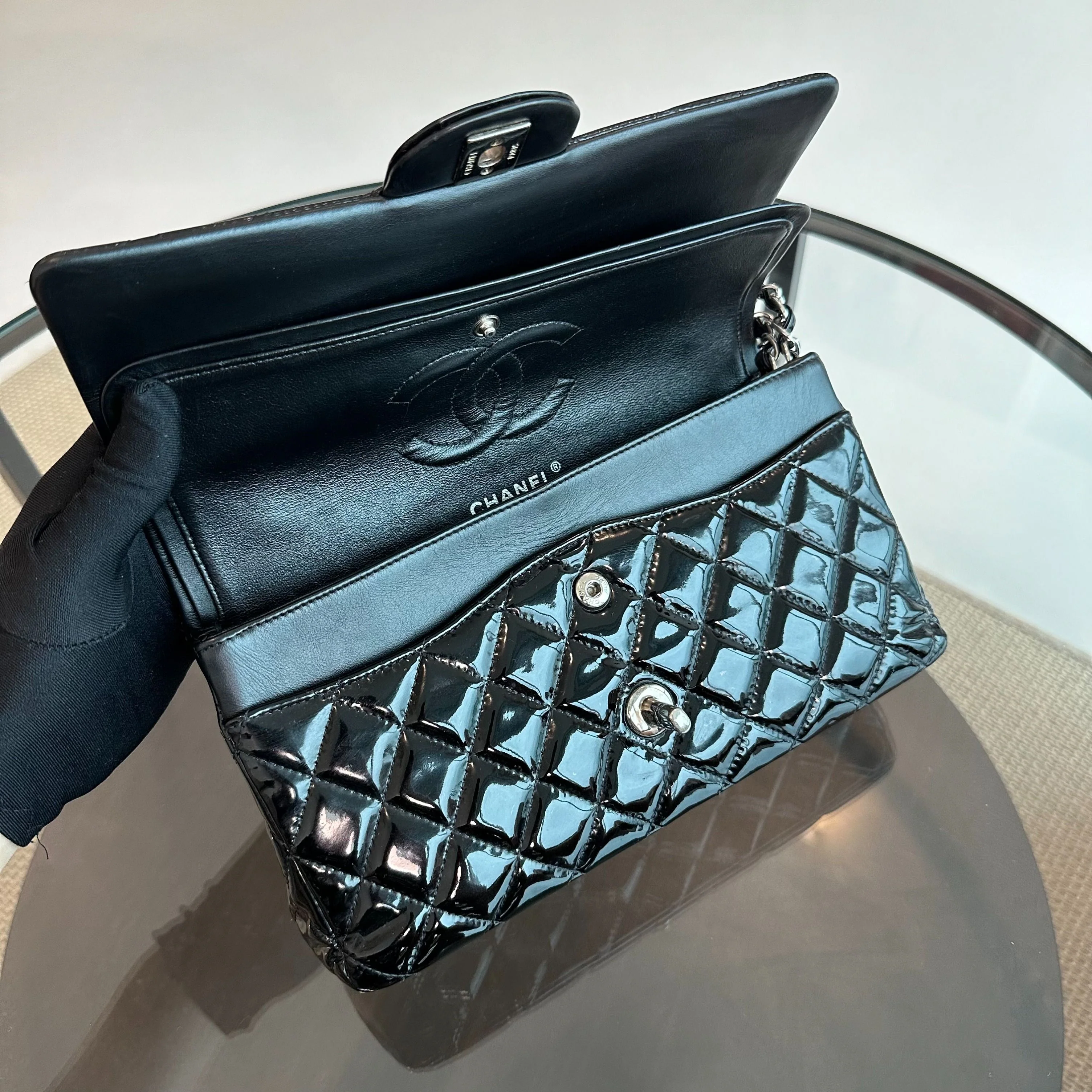 Chanel Classic Flap Medium Patent Leather Quilted Black No 19 - Best Luxury Designers