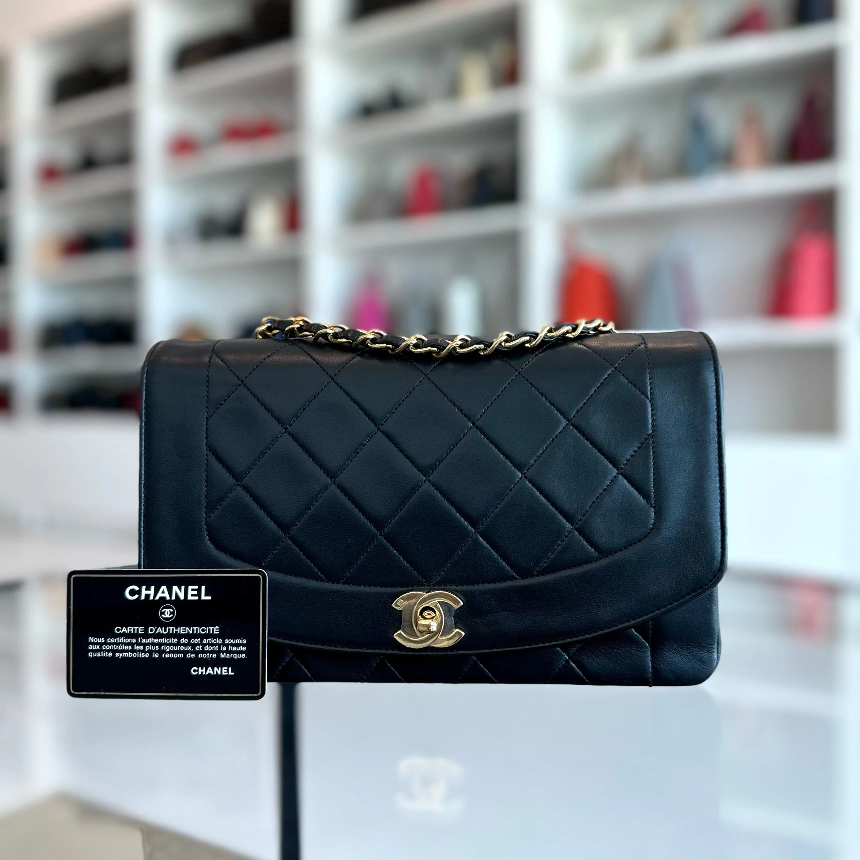 Chanel Diana Medium Vintage 24K Gold Flap Quilted Lambskin Black GHW No 1 - Best Luxury Designers