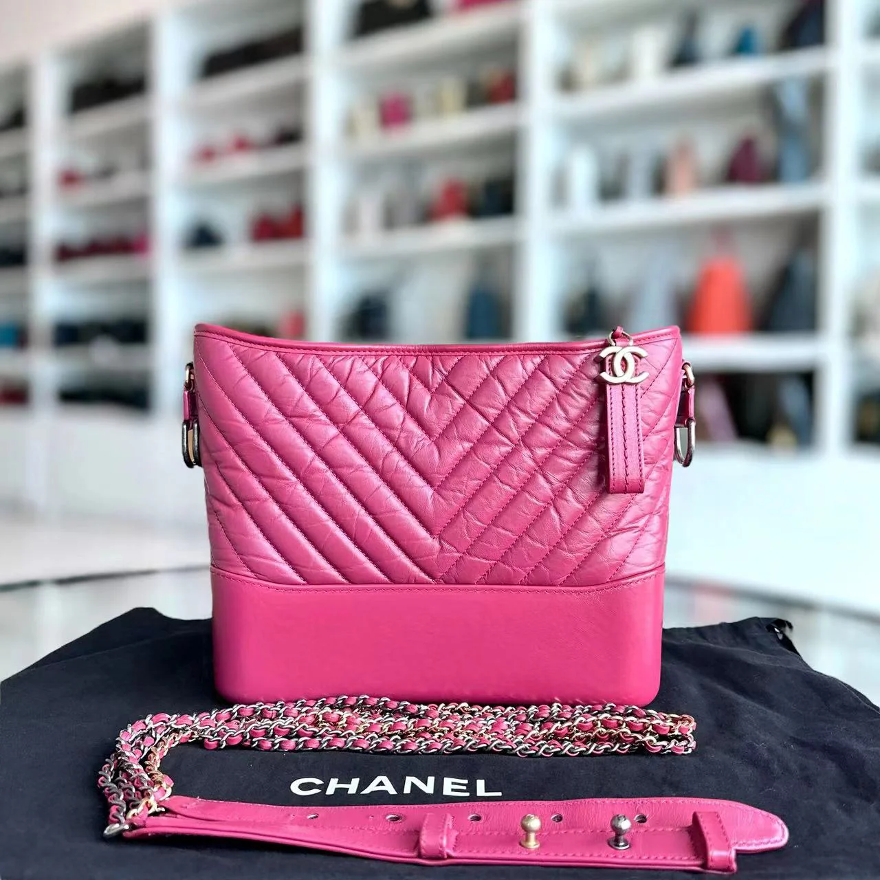 Chanel Gabrielle Medium 27CM Chevron Calfskin Hot Pink Two-tone Hardware Series 26 - Best Luxury Designers