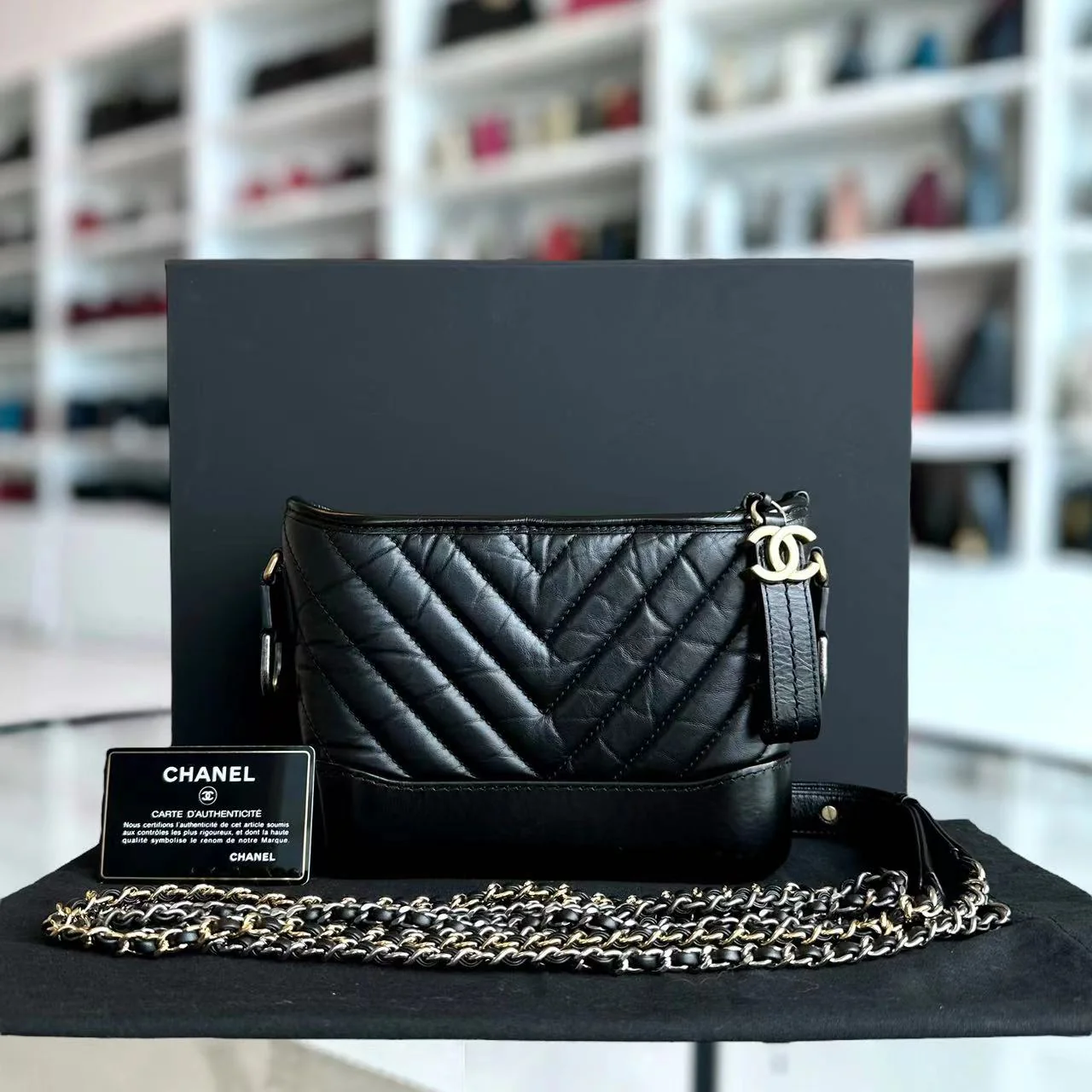 Chanel Gabrielle Small Hobo Chevron Calfskin Black GHW No 26 - Best Luxury Designers