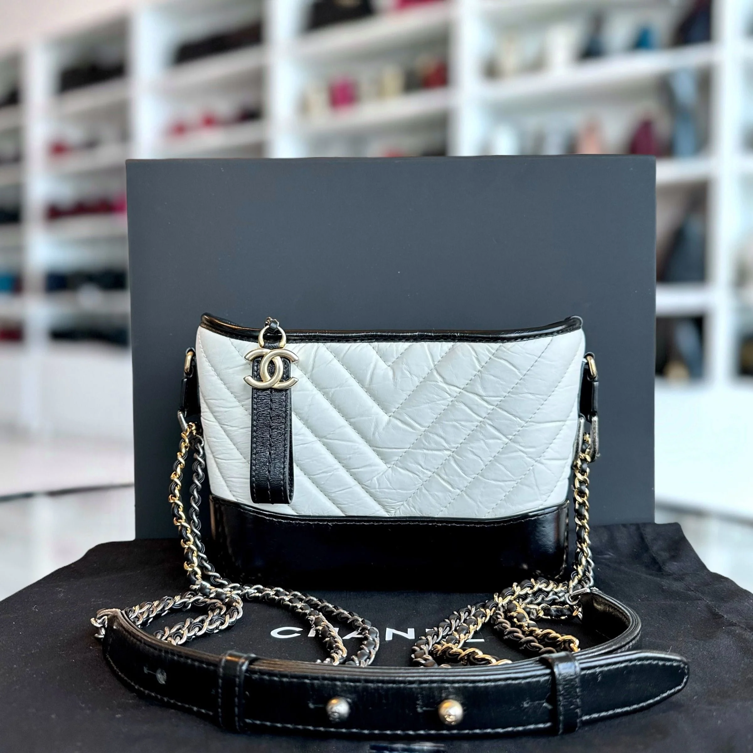 Chanel Gabrielle Small Hobo Chevron Calfskin White Black Two-Tone GHW No 27 - Best Luxury Designers