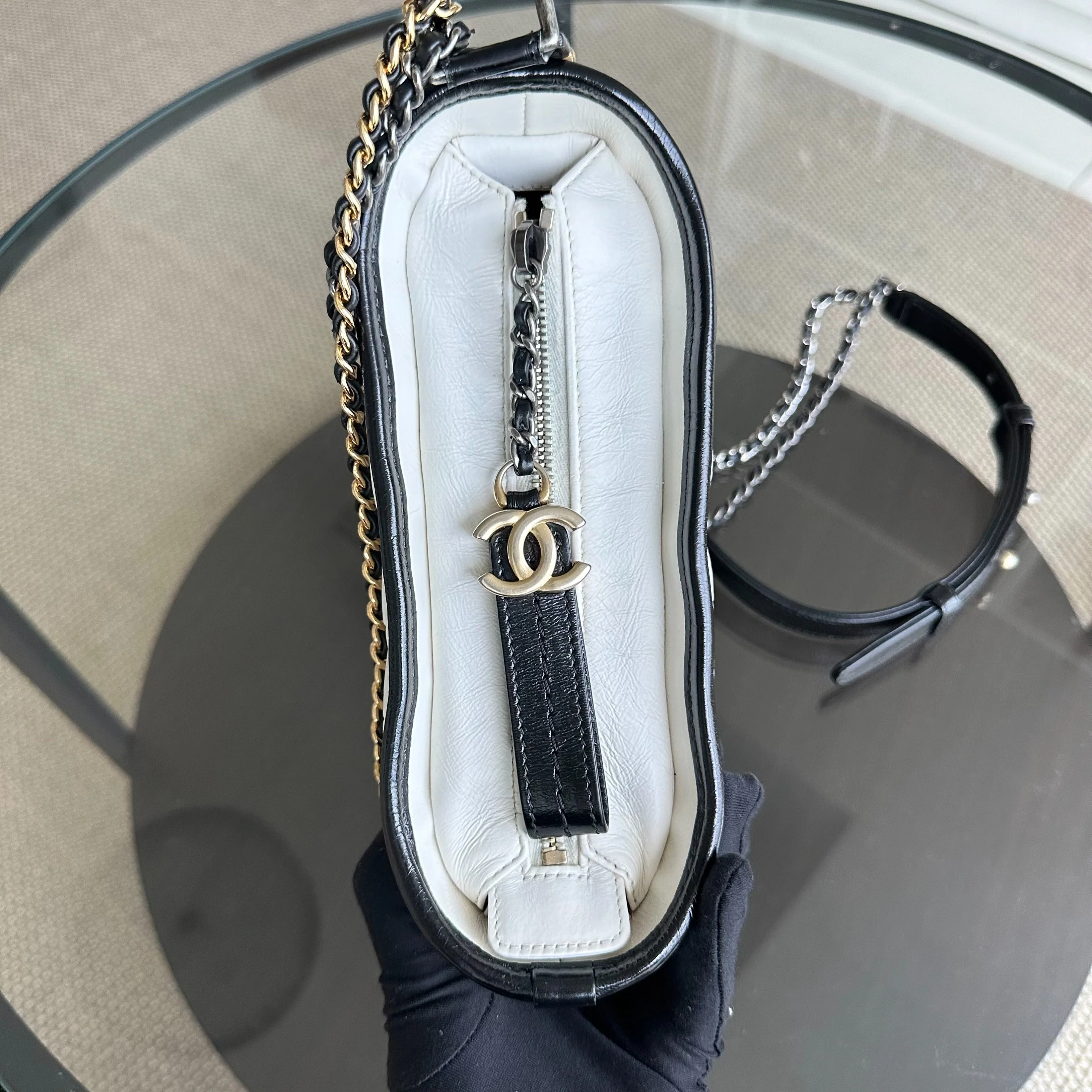 Chanel Gabrielle Small Hobo Chevron Calfskin White Black Two-Tone GHW No 27 - Best Luxury Designers