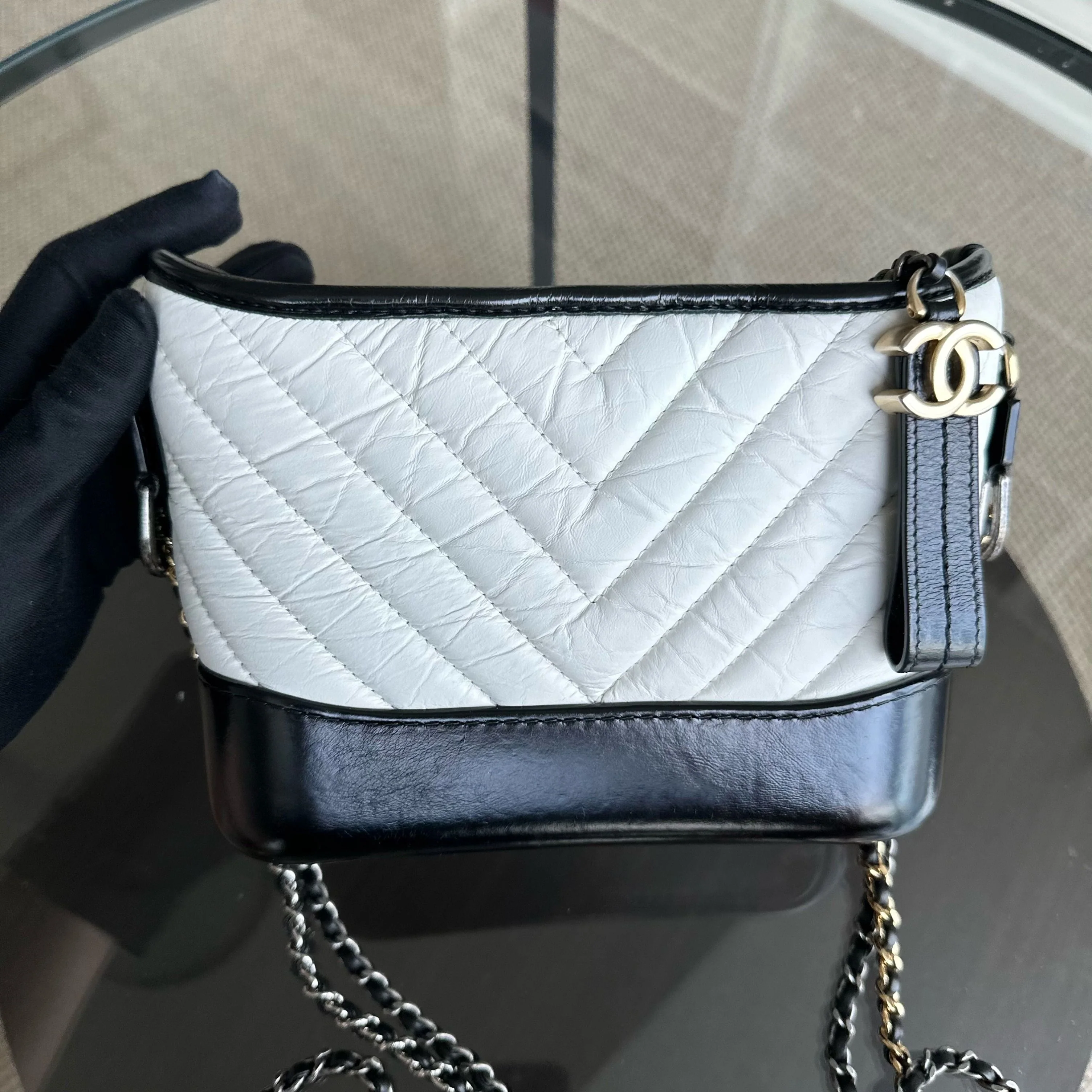 Chanel Gabrielle Small Hobo Chevron Calfskin White Black Two-Tone GHW No 27 - Best Luxury Designers