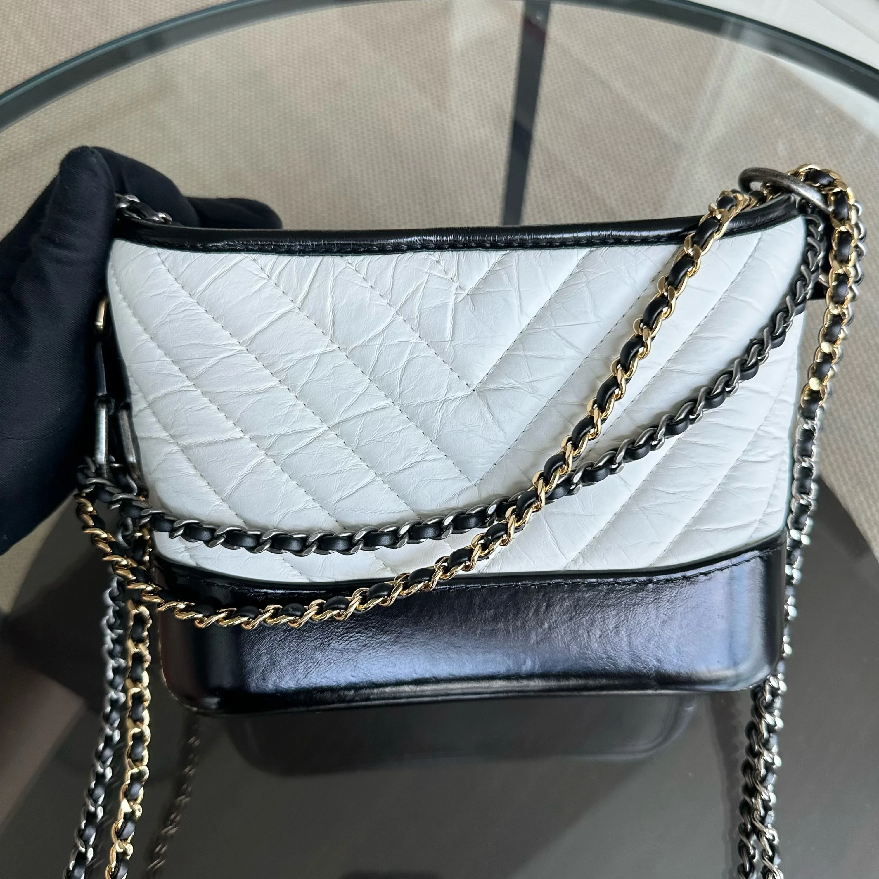 Chanel Gabrielle Small Hobo Chevron Calfskin White Black Two-Tone GHW No 27 - Best Luxury Designers