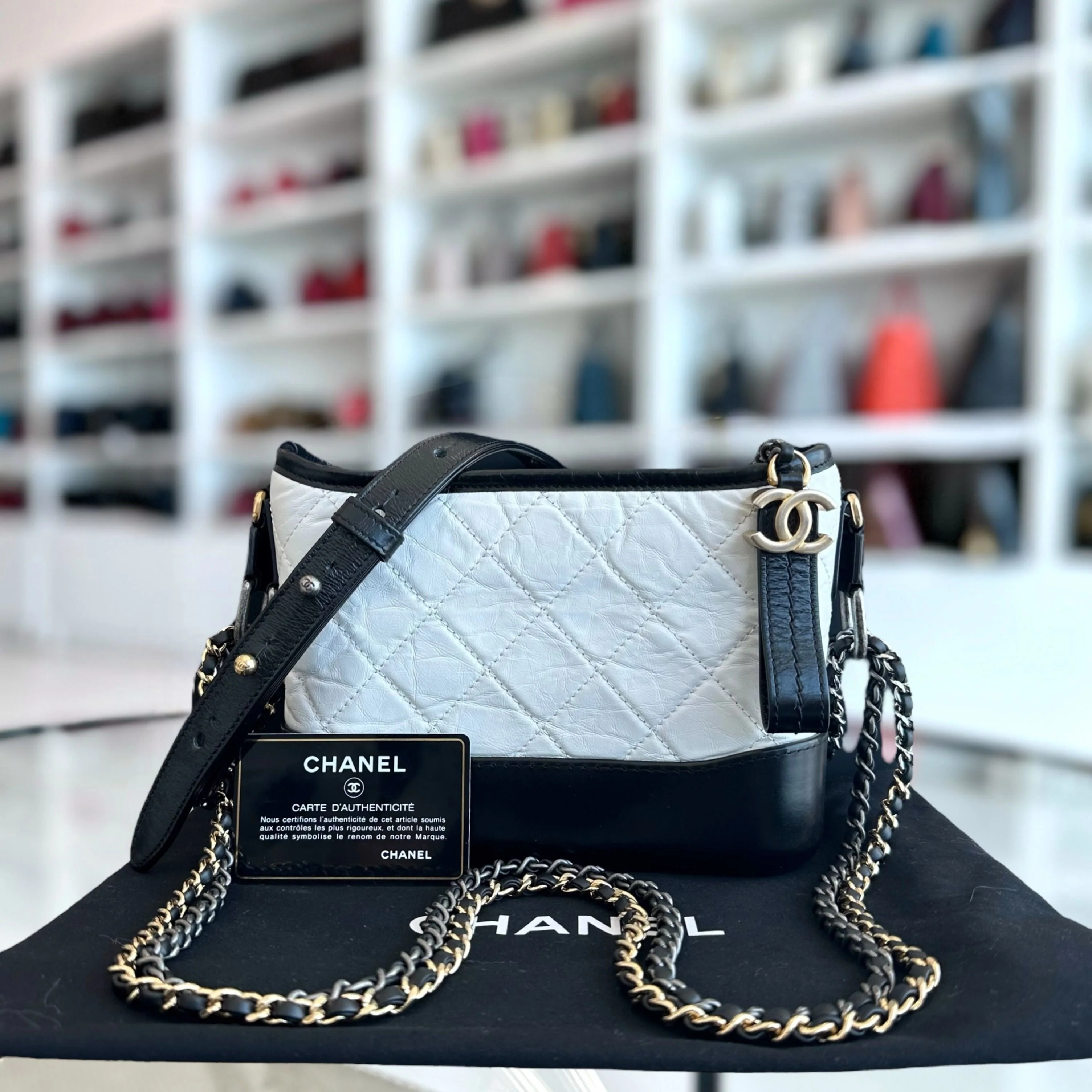 Chanel Gabrielle Small Hobo Quilted Aged Calfskin White Black No 23 - Best Luxury Designers