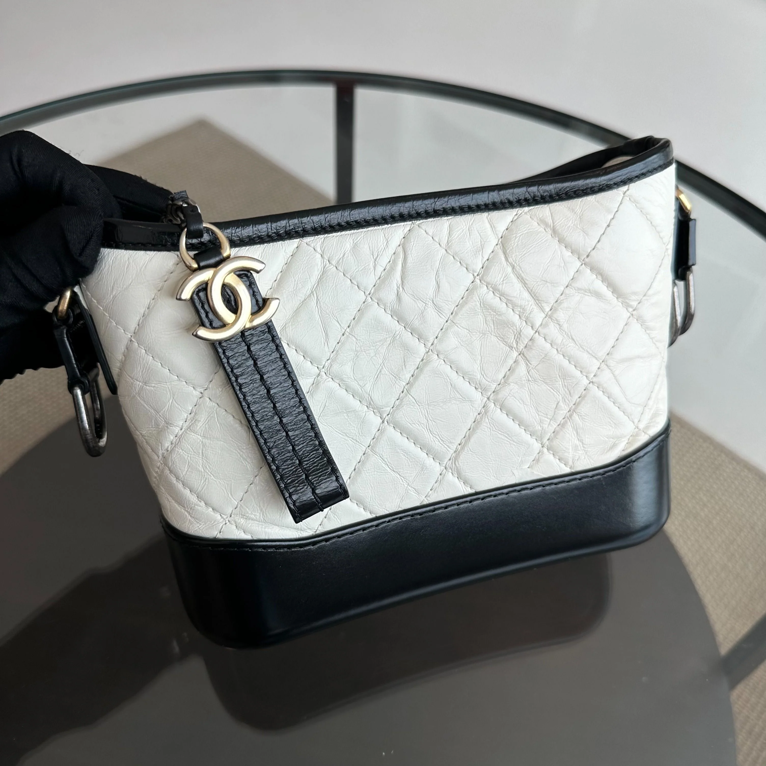 Chanel Gabrielle Small Hobo Quilted Aged Calfskin White Black No 26 - Best Luxury Designers