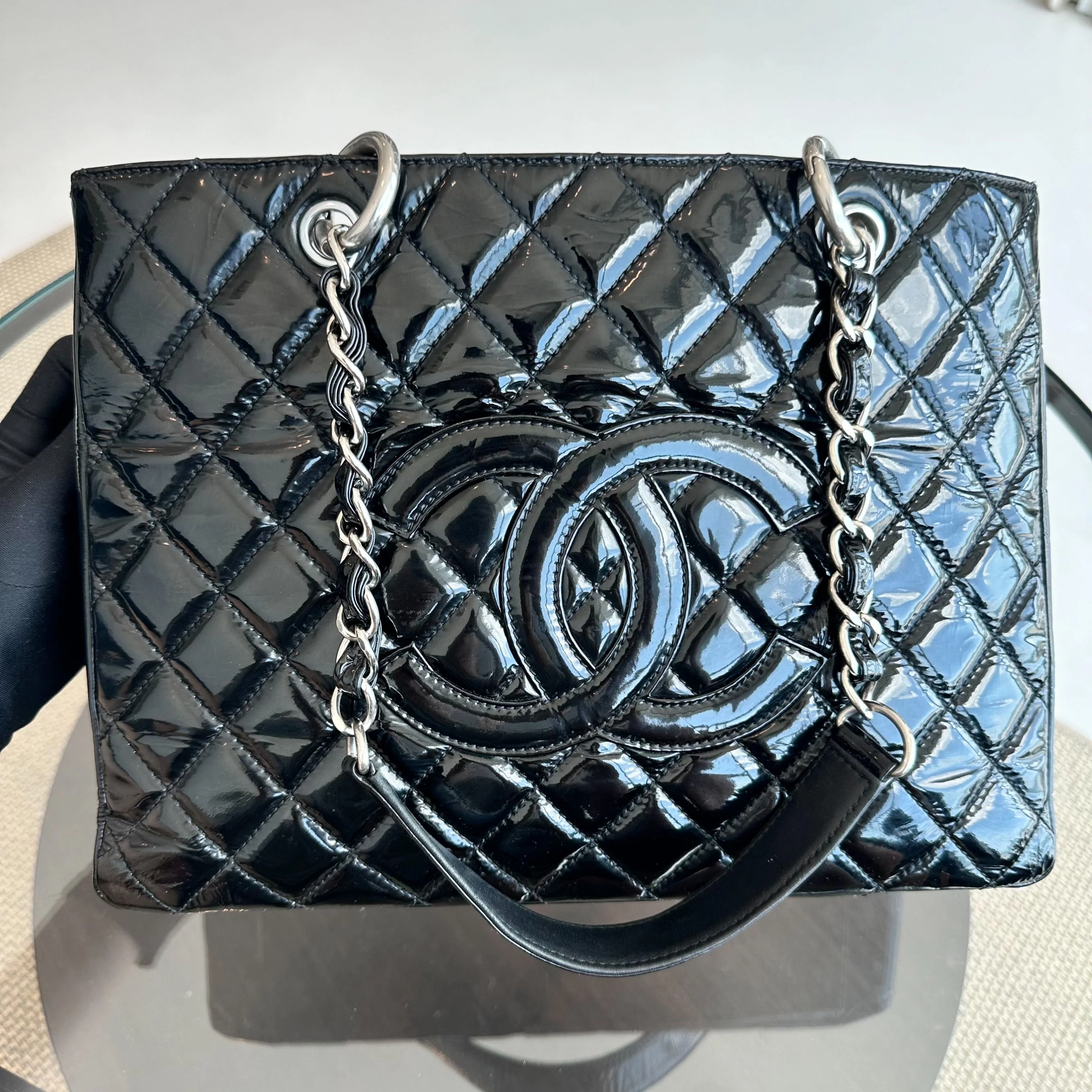 Chanel GST Grand Shopping Tote Patent Leather Quilted Black SHW No 12 - Best Luxury Designers