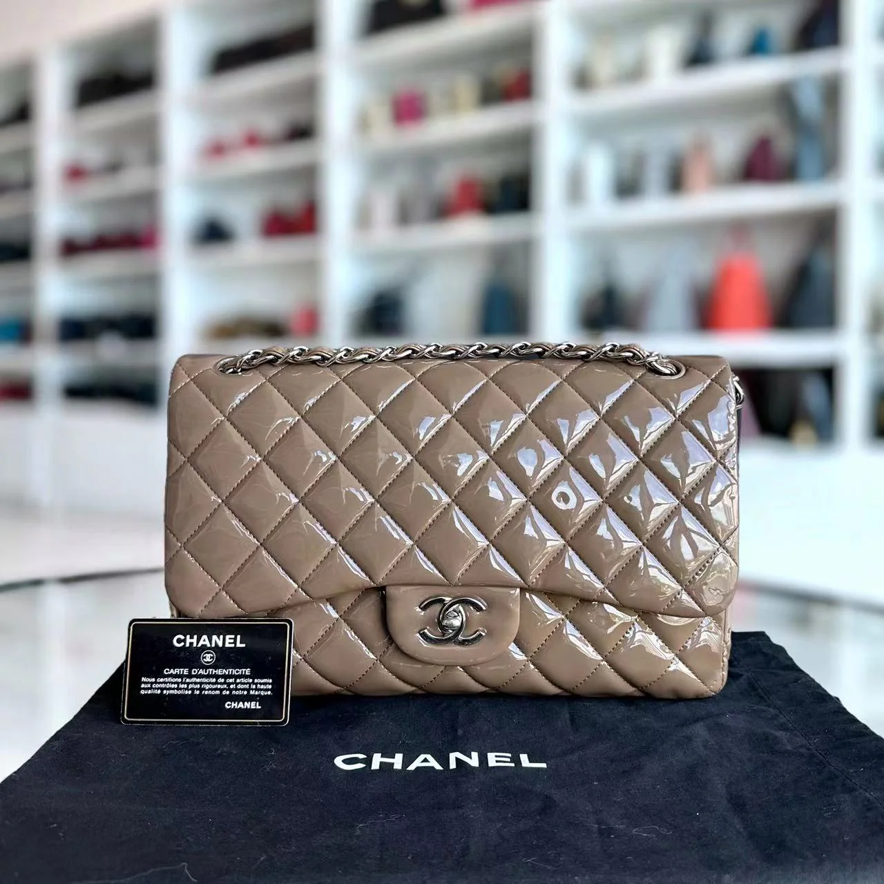 Chanel Jumbo Classic Flap Quilted Patent Calfskin Leather Brown SHW No 15 - Best Luxury Designers