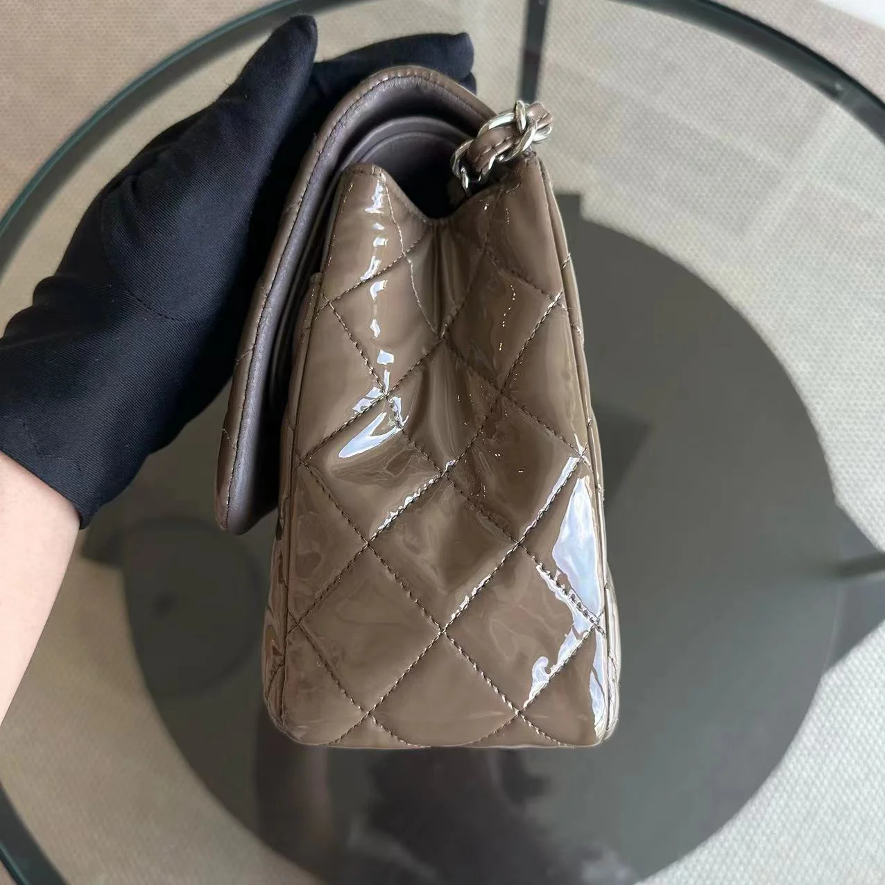Chanel Jumbo Classic Flap Quilted Patent Calfskin Leather Brown SHW No 15 - Best Luxury Designers