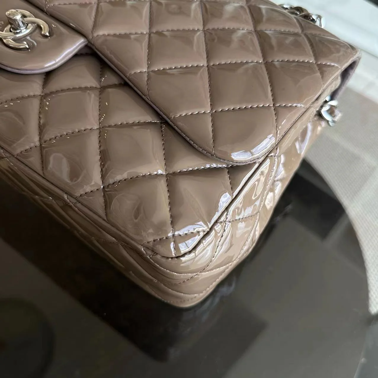 Chanel Jumbo Classic Flap Quilted Patent Calfskin Leather Brown SHW No 15 - Best Luxury Designers