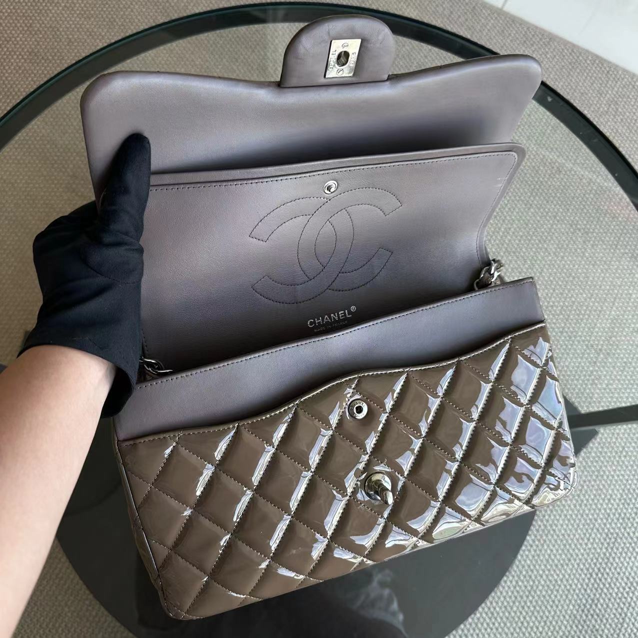 Chanel Jumbo Classic Flap Quilted Patent Calfskin Leather Brown SHW No 15 - Best Luxury Designers