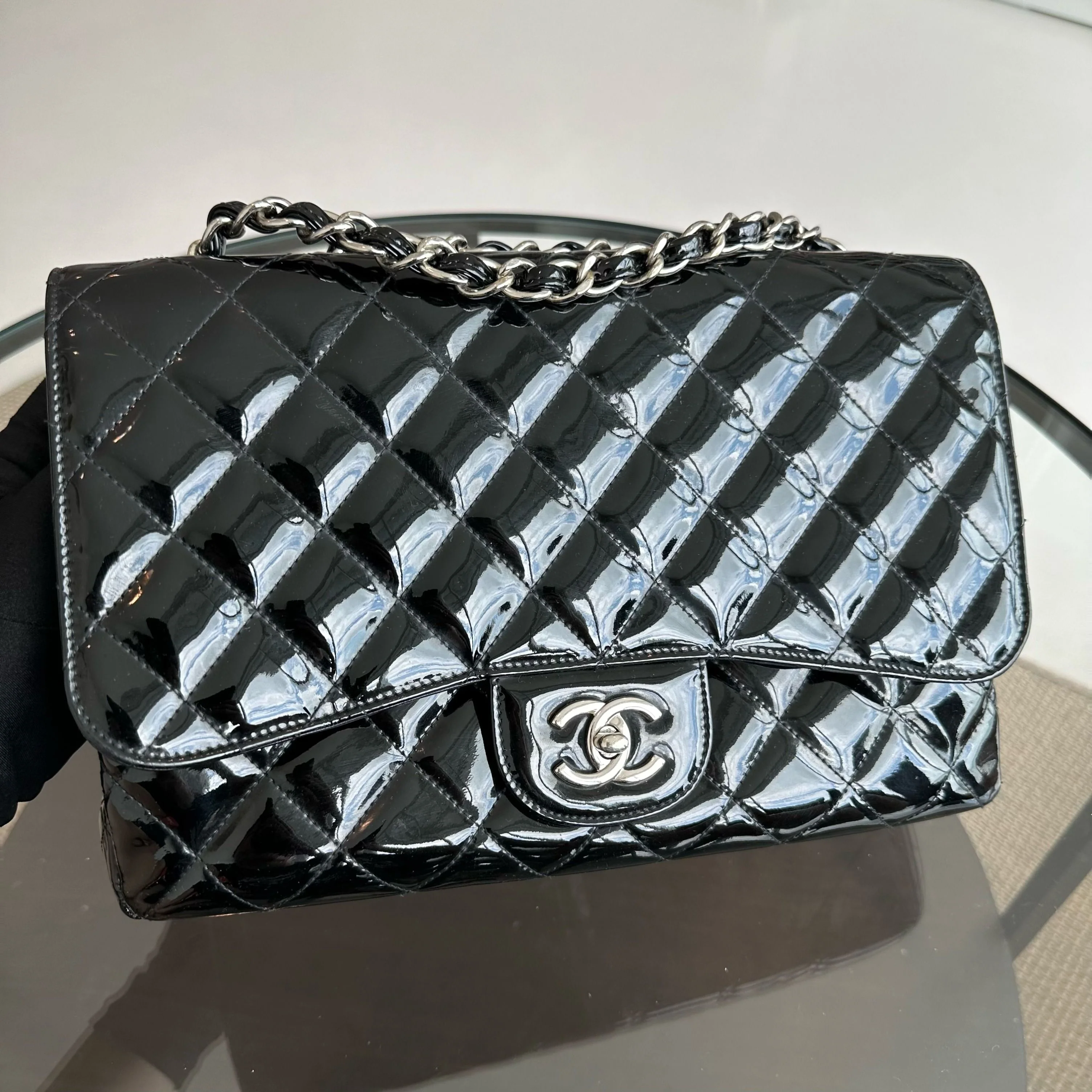 Chanel Jumbo Classic Flap Single Flap Patent Leather Black SHW No 13 - Best Luxury Designers