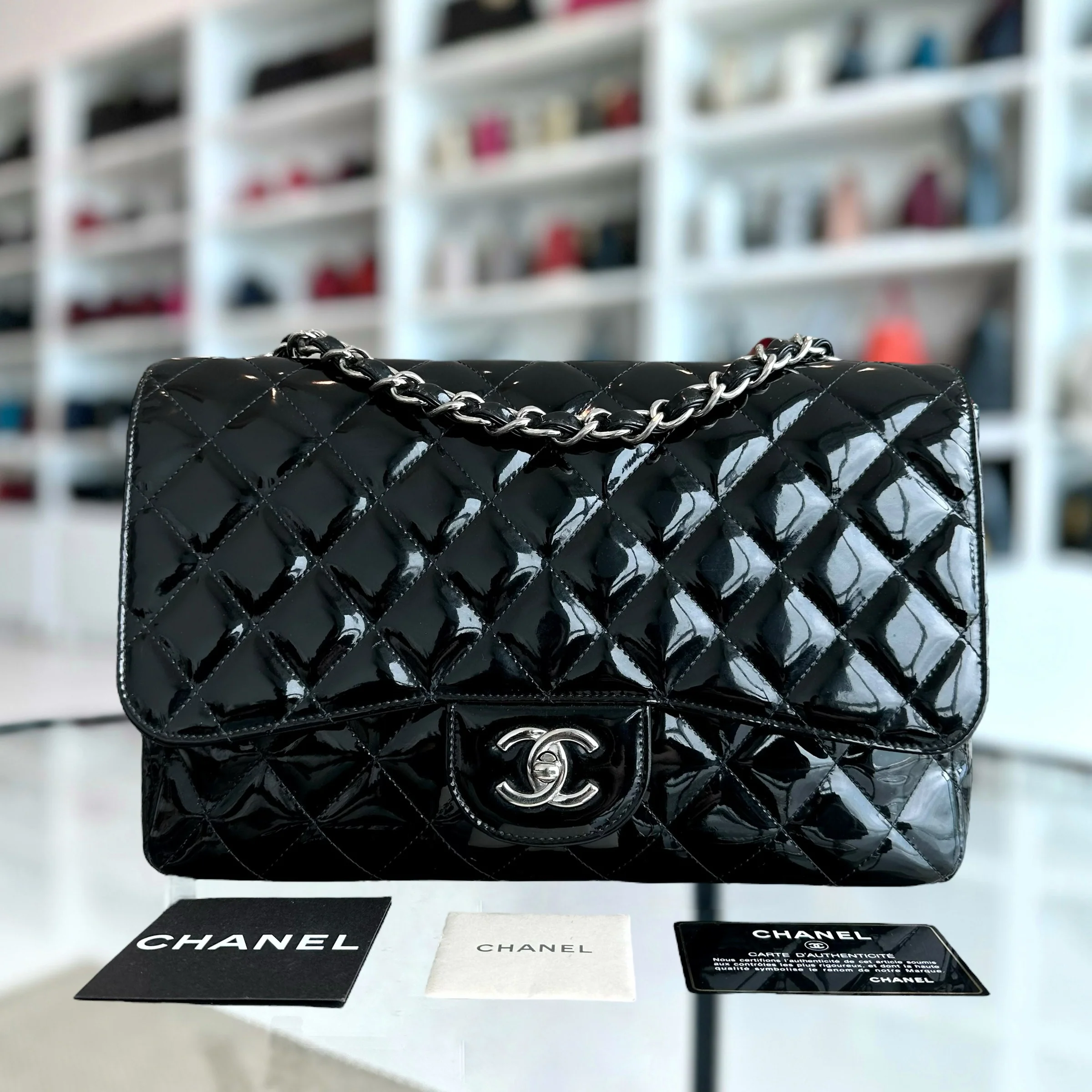 Chanel Jumbo Classic Flap Single Flap Patent Leather Black SHW No 13 - Best Luxury Designers