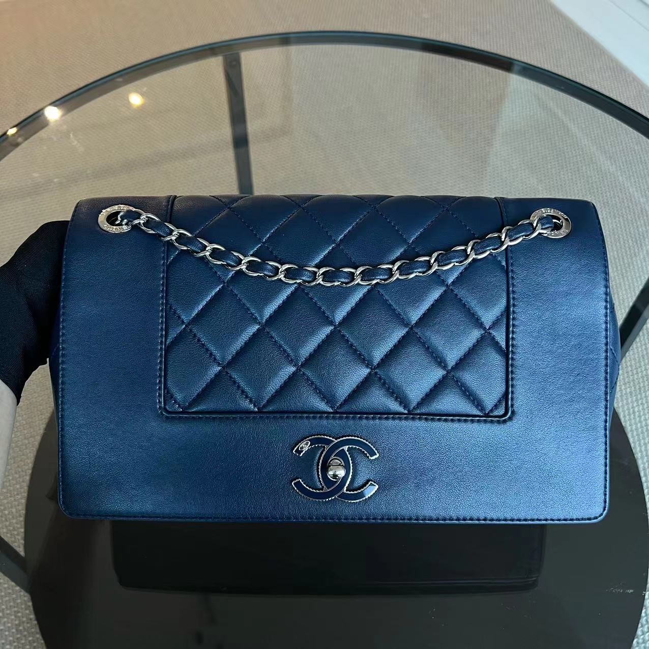 Chanel Mademoiselle Medium Seasonal Double Flap Calfskin Quilted Dark Navy Blue Series 23 - Best Luxury Designers