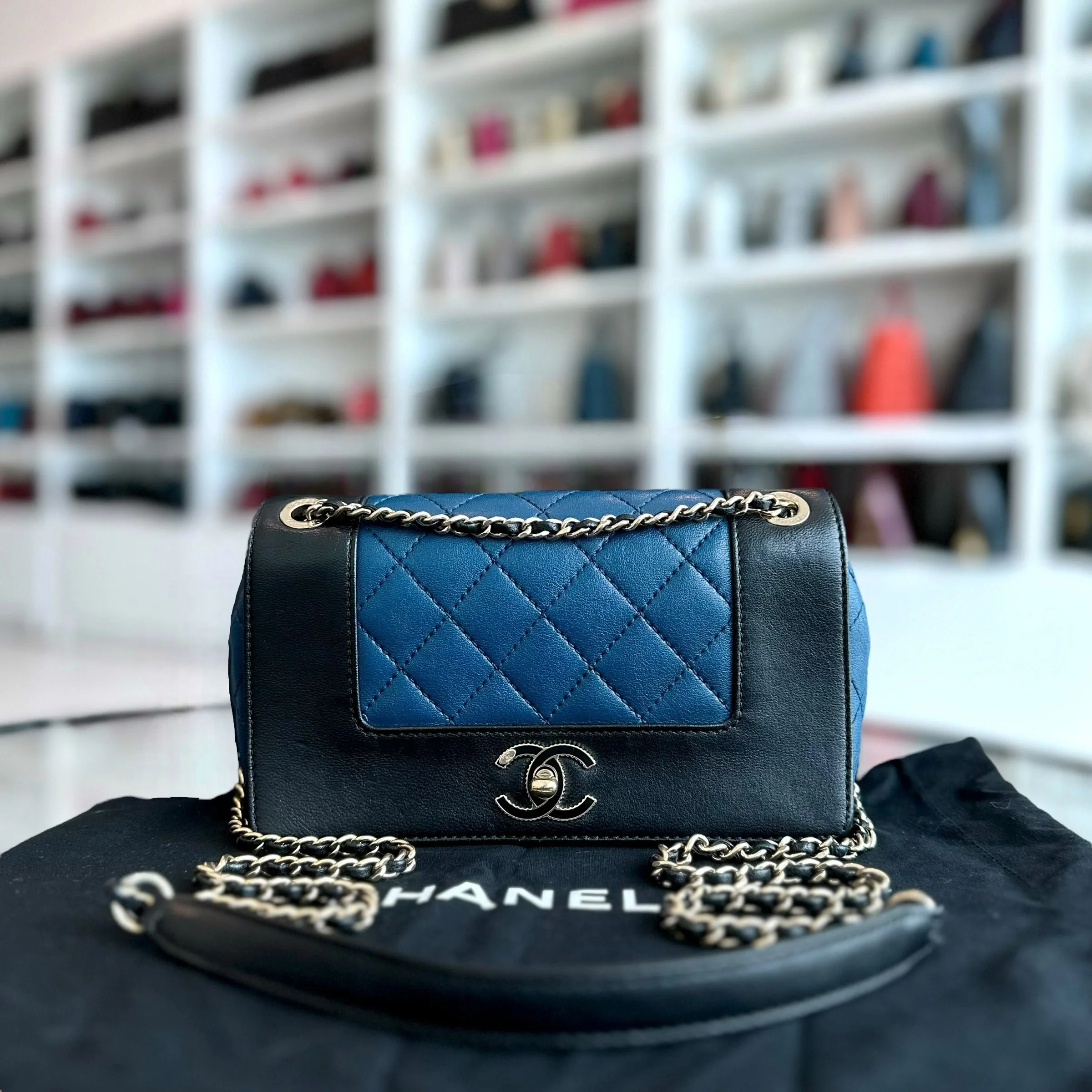 Chanel Mademoiselle Small 20cm Seasonal Double Flap Calfskin Quilted Black Blue GHW No 23 - Best Luxury Designers