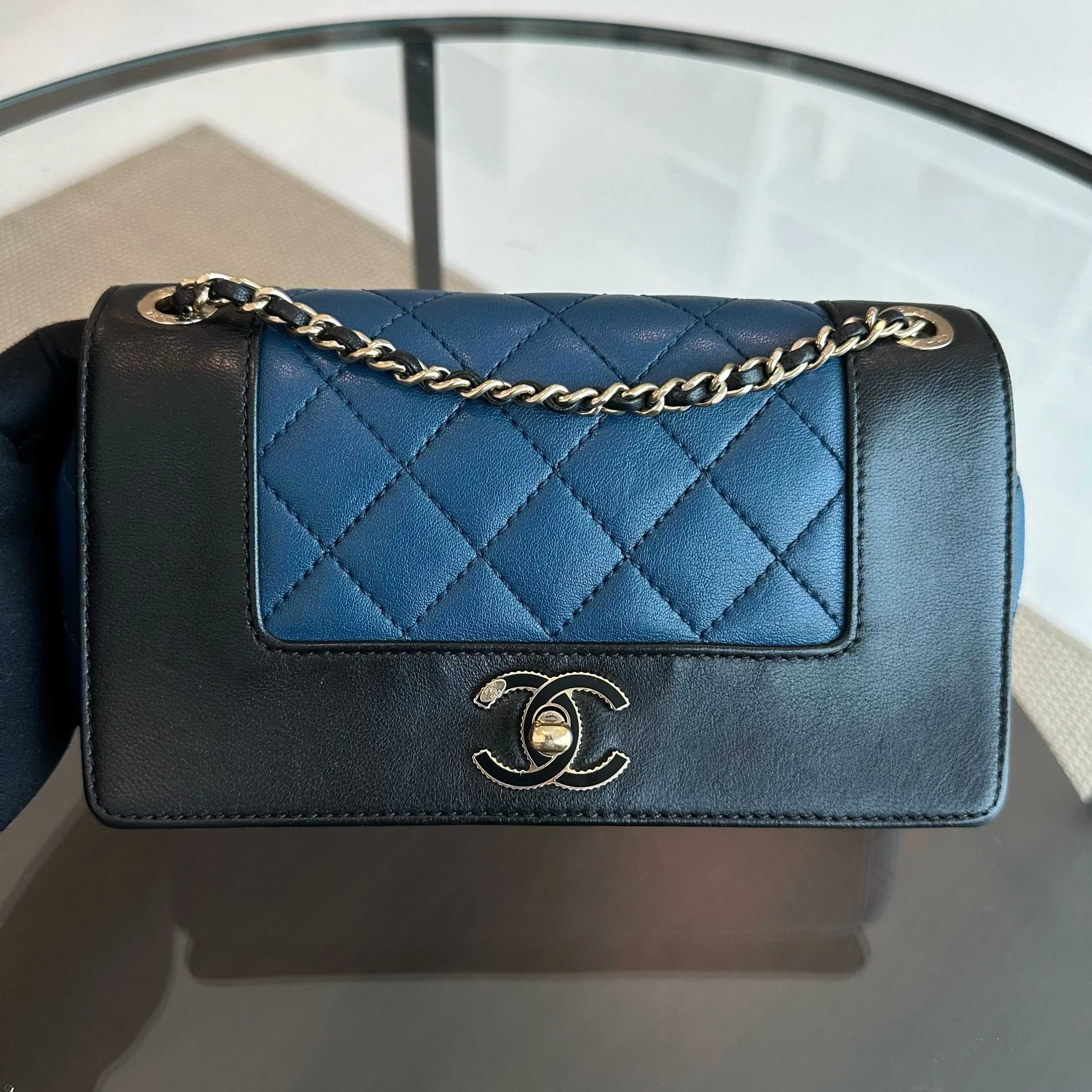 Chanel Mademoiselle Small 20cm Seasonal Double Flap Calfskin Quilted Black Blue GHW No 23 - Best Luxury Designers