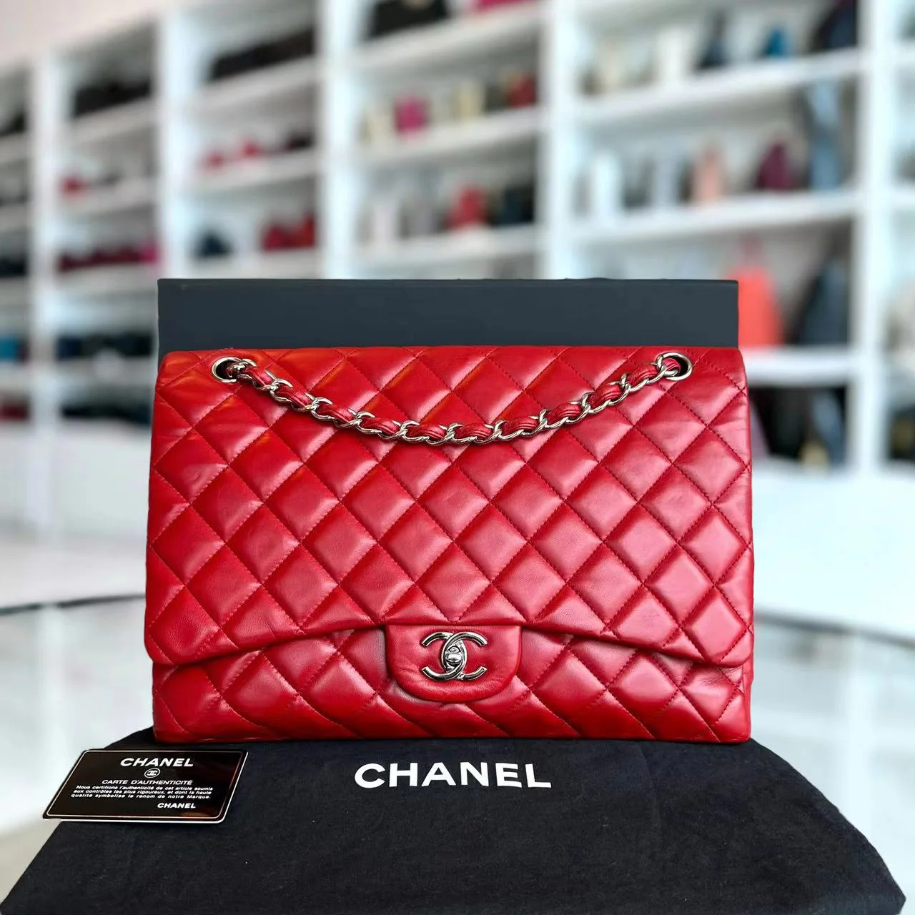 Chanel Maxi Classic Flap Quilted Lambskin Red Silver Hardware Series 13 - Best Luxury Designers