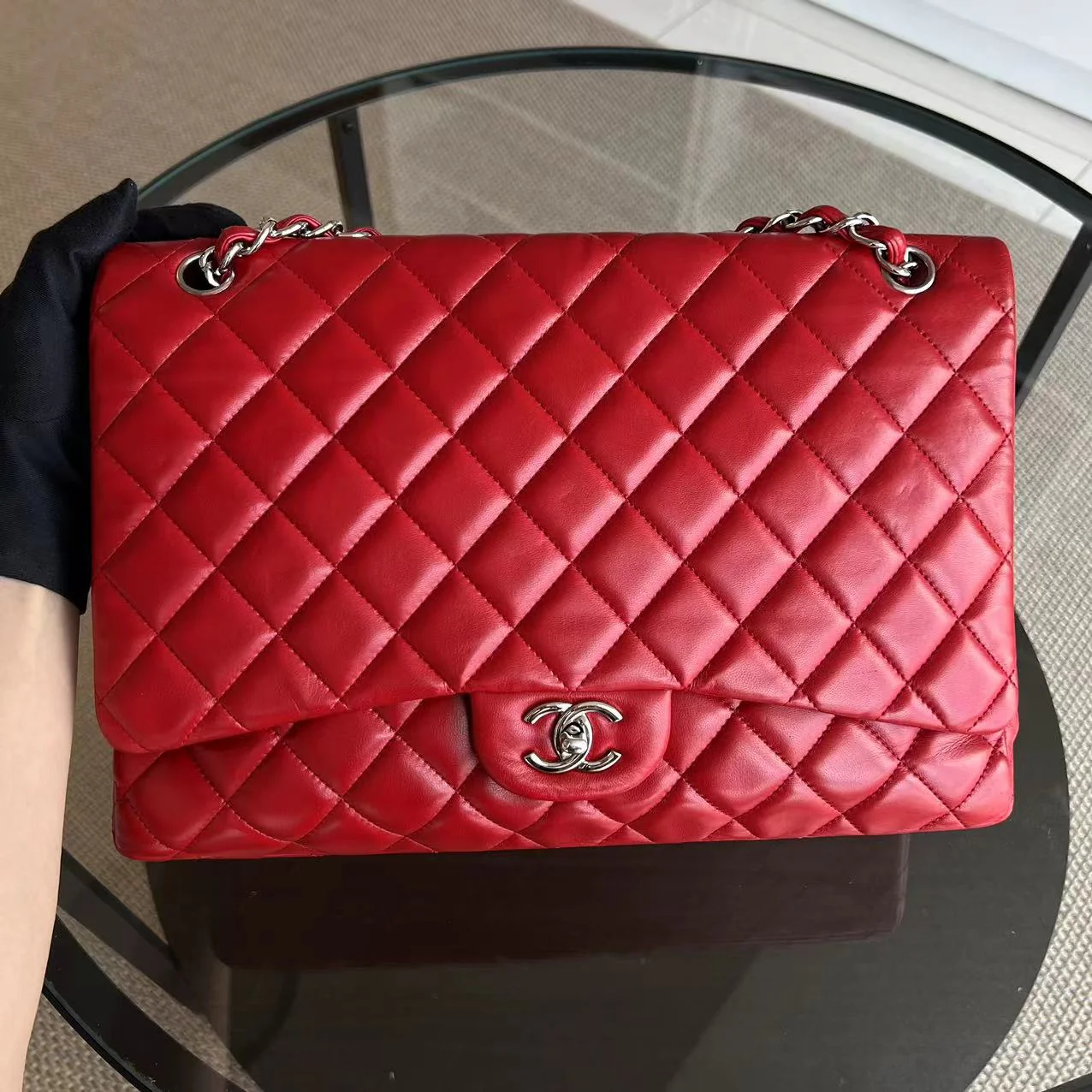 Chanel Maxi Classic Flap Quilted Lambskin Red Silver Hardware Series 13 - Best Luxury Designers