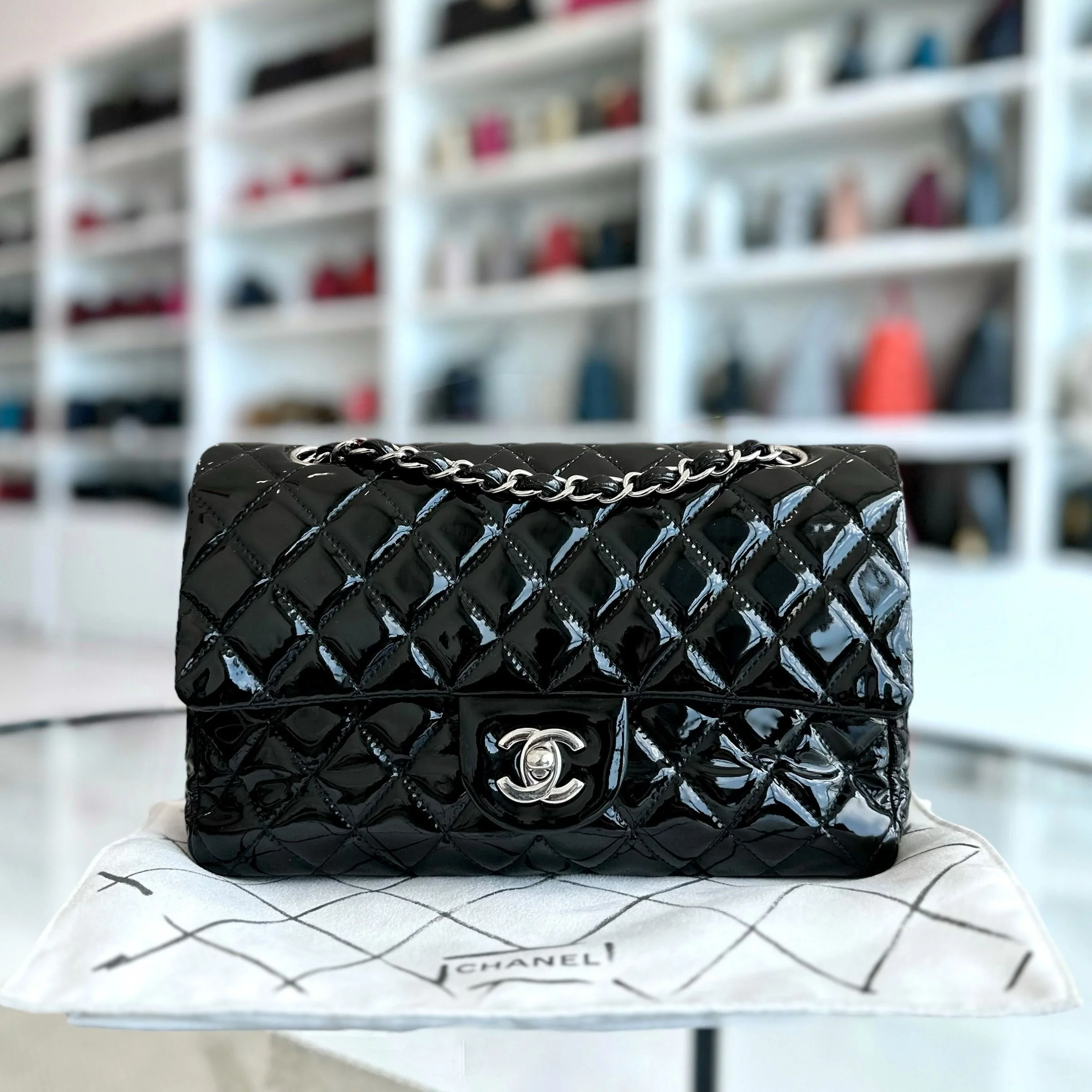 Chanel Medium Classic Flap Patent Leather Quilted Black SHW No 18 - Best Luxury Designers