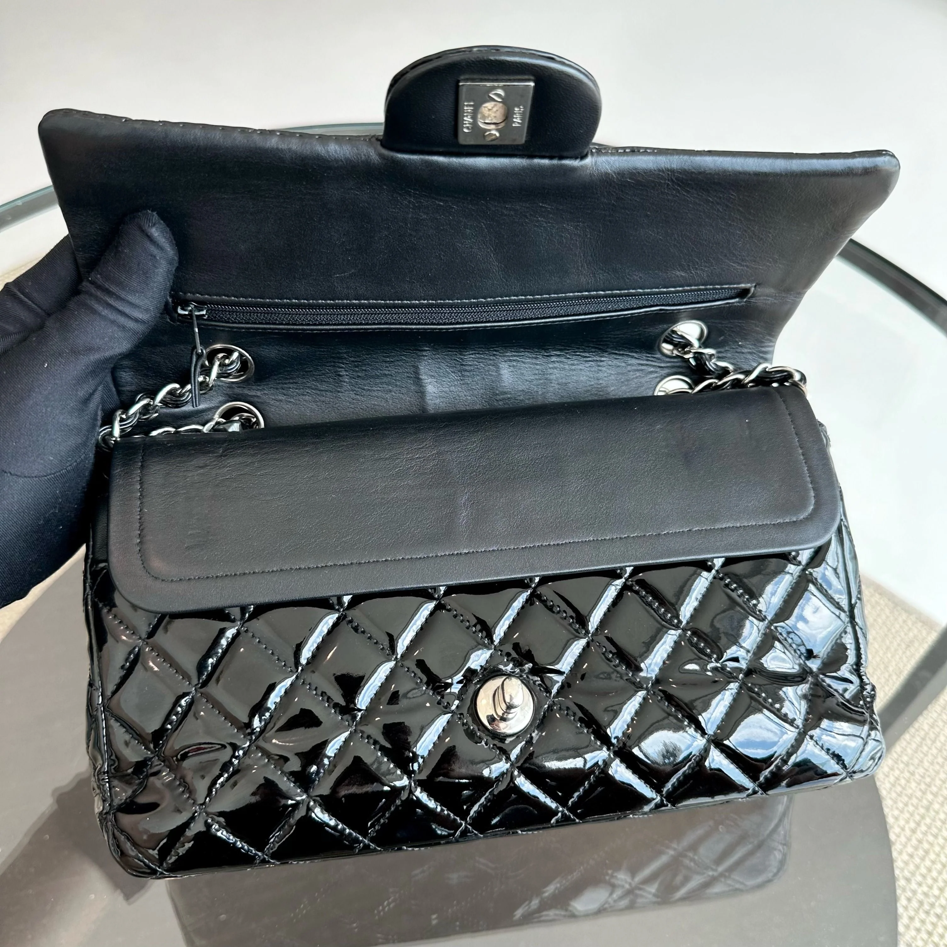 Chanel Medium Classic Flap Patent Leather Quilted Black SHW No 18 - Best Luxury Designers