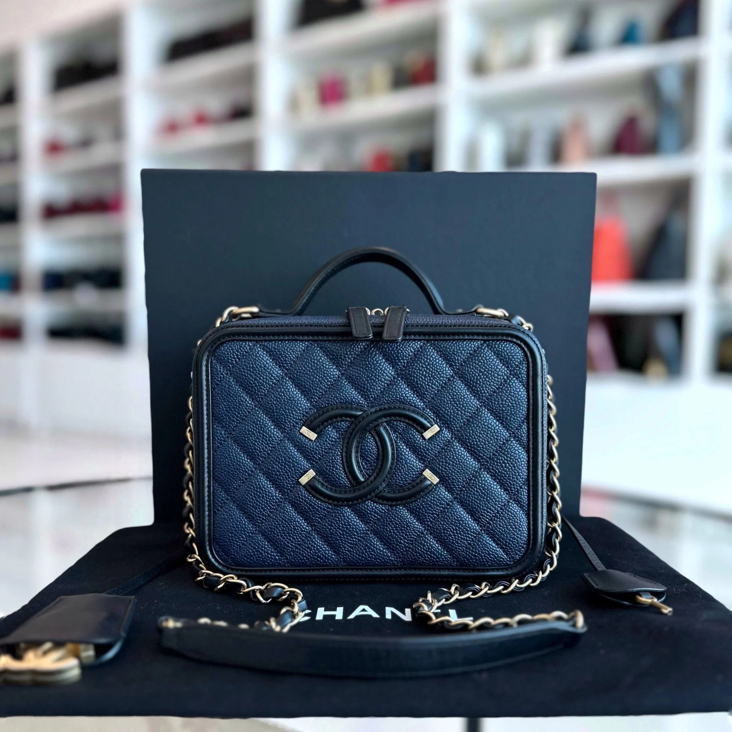 Chanel Medium Vanity Case Caviar Dark Blue GHW No 24 - Best Luxury Designers