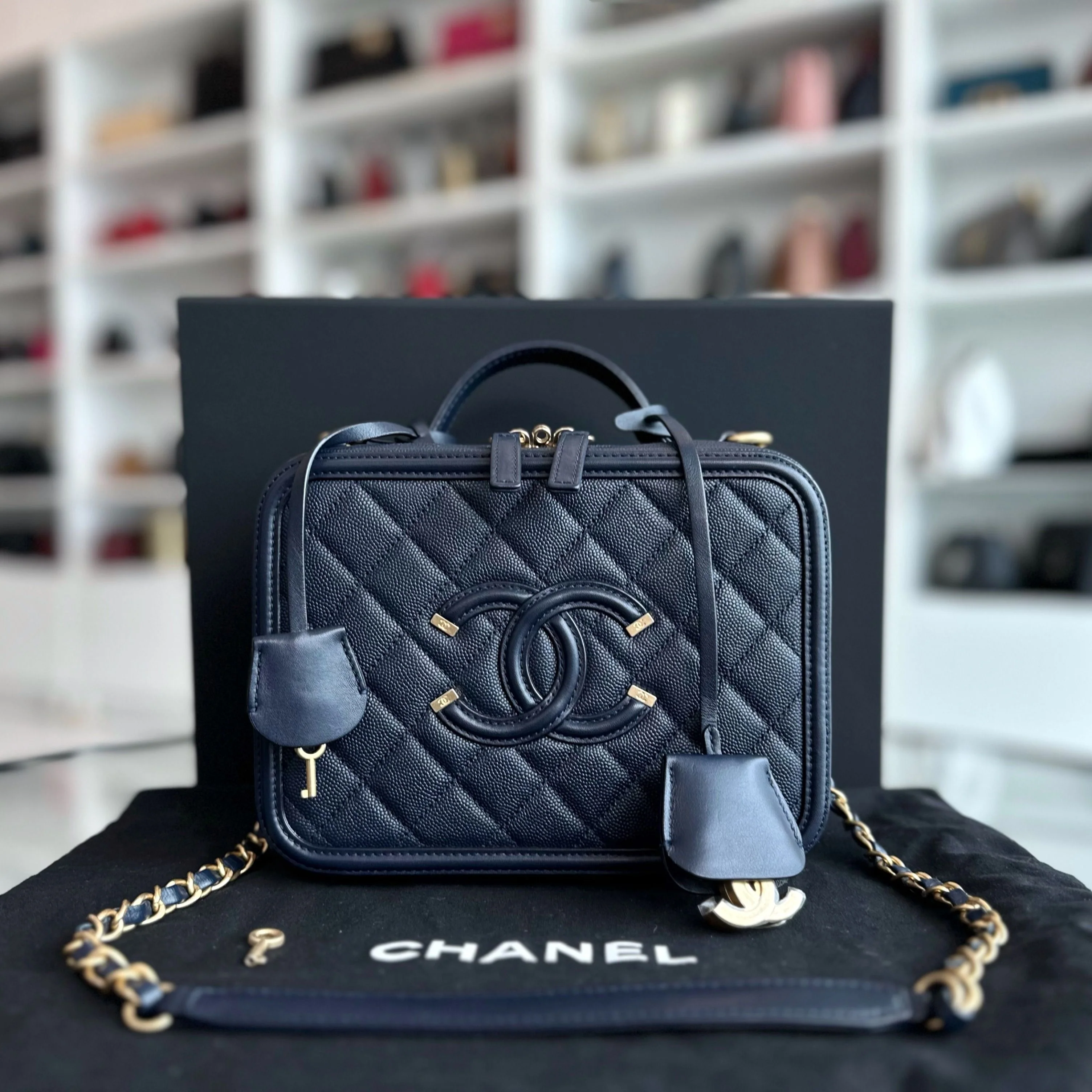 Chanel Medium Vanity Case Caviar Dark Blue GHW No 26 - Best Luxury Designers
