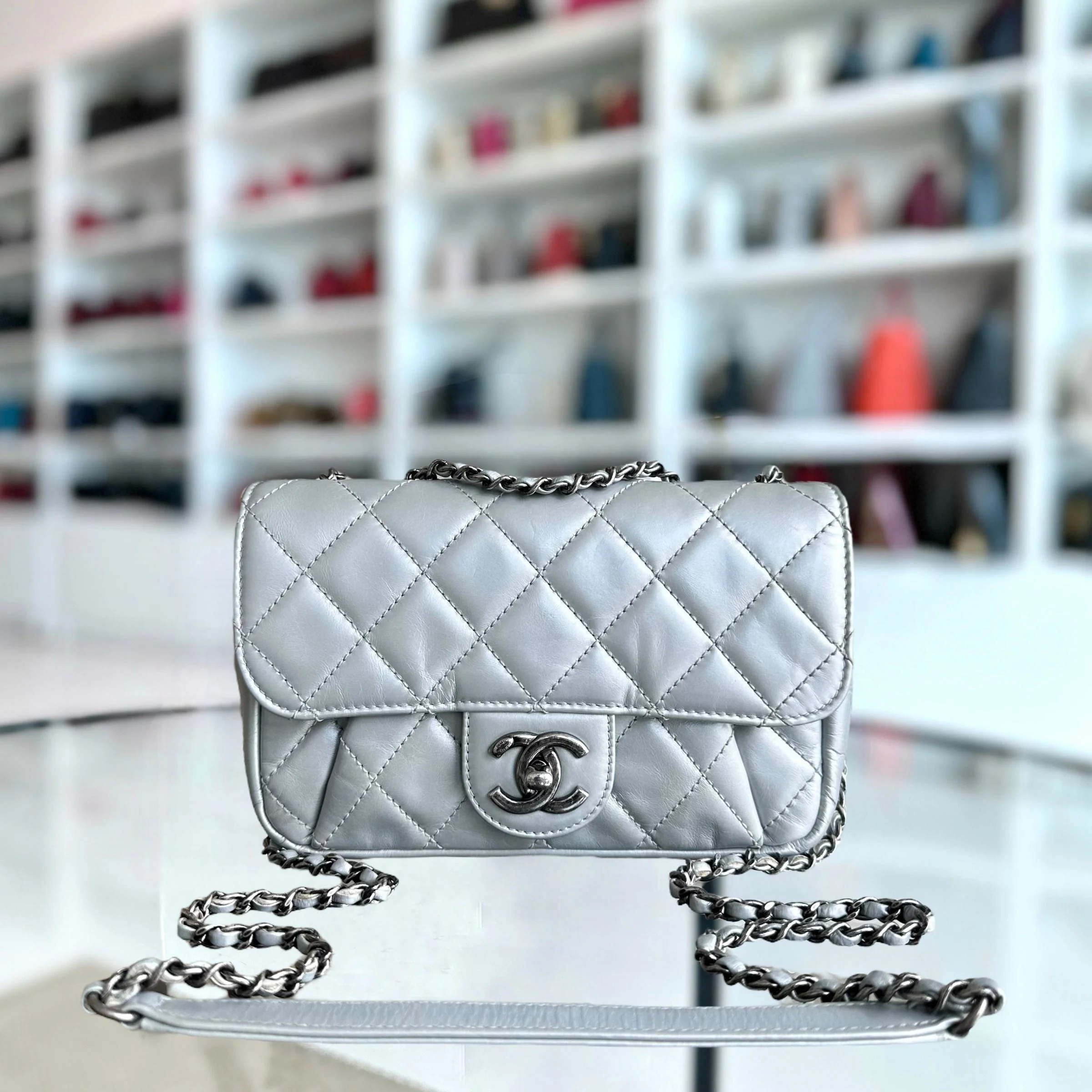 Chanel Mini Rectangular Plated Chain Seasonal Flap Quilted Calfskin Silver SHW No 21 - Best Luxury Designers
