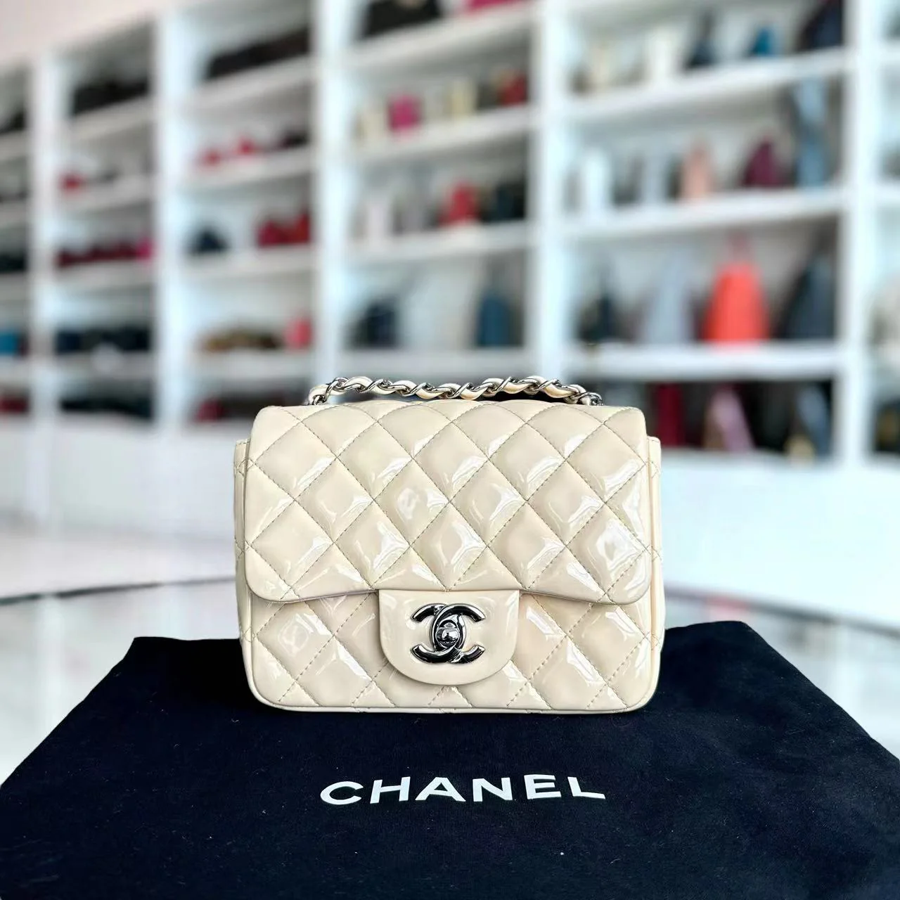 Chanel Mini Square Classic Flap Quilted Patent Calfskin Light Pink Yellow SHW No 17 - Best Luxury Designers