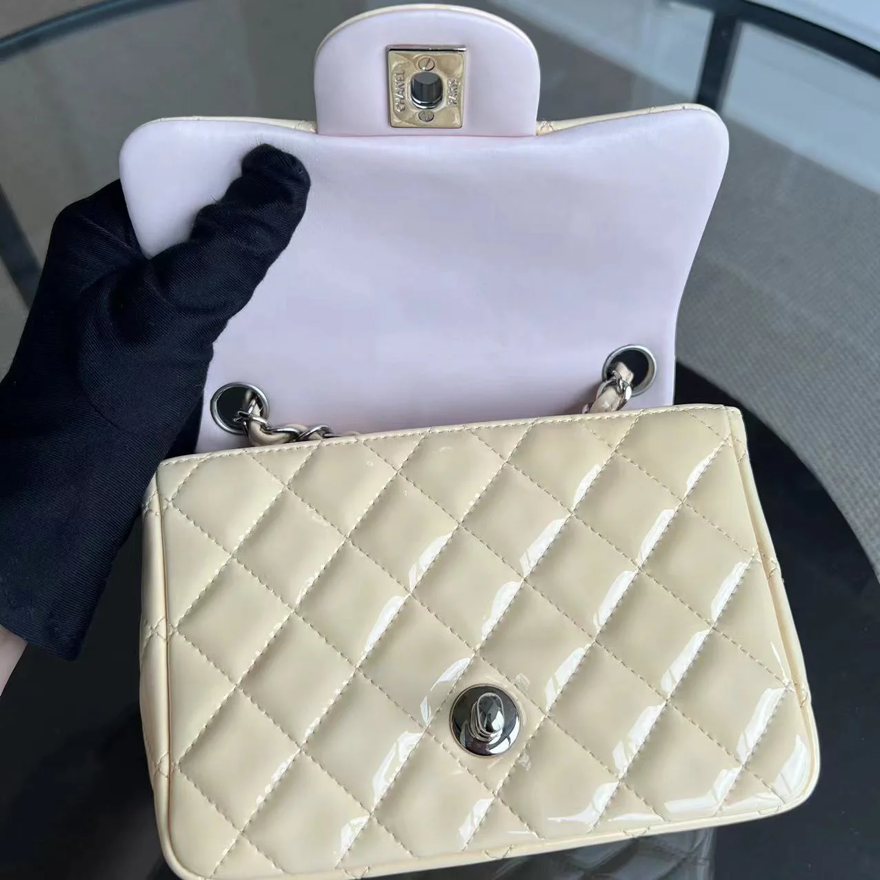 Chanel Mini Square Classic Flap Quilted Patent Calfskin Light Pink Yellow SHW No 17 - Best Luxury Designers