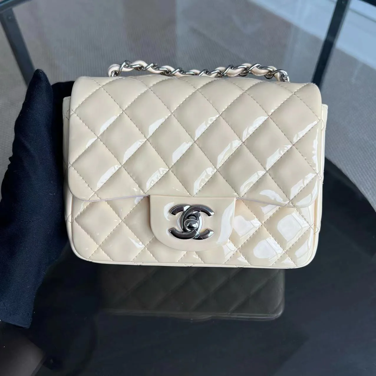 Chanel Mini Square Classic Flap Quilted Patent Calfskin Light Pink Yellow SHW No 17 - Best Luxury Designers
