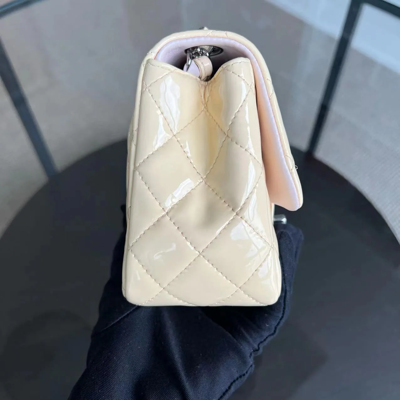 Chanel Mini Square Classic Flap Quilted Patent Calfskin Light Pink Yellow SHW No 17 - Best Luxury Designers