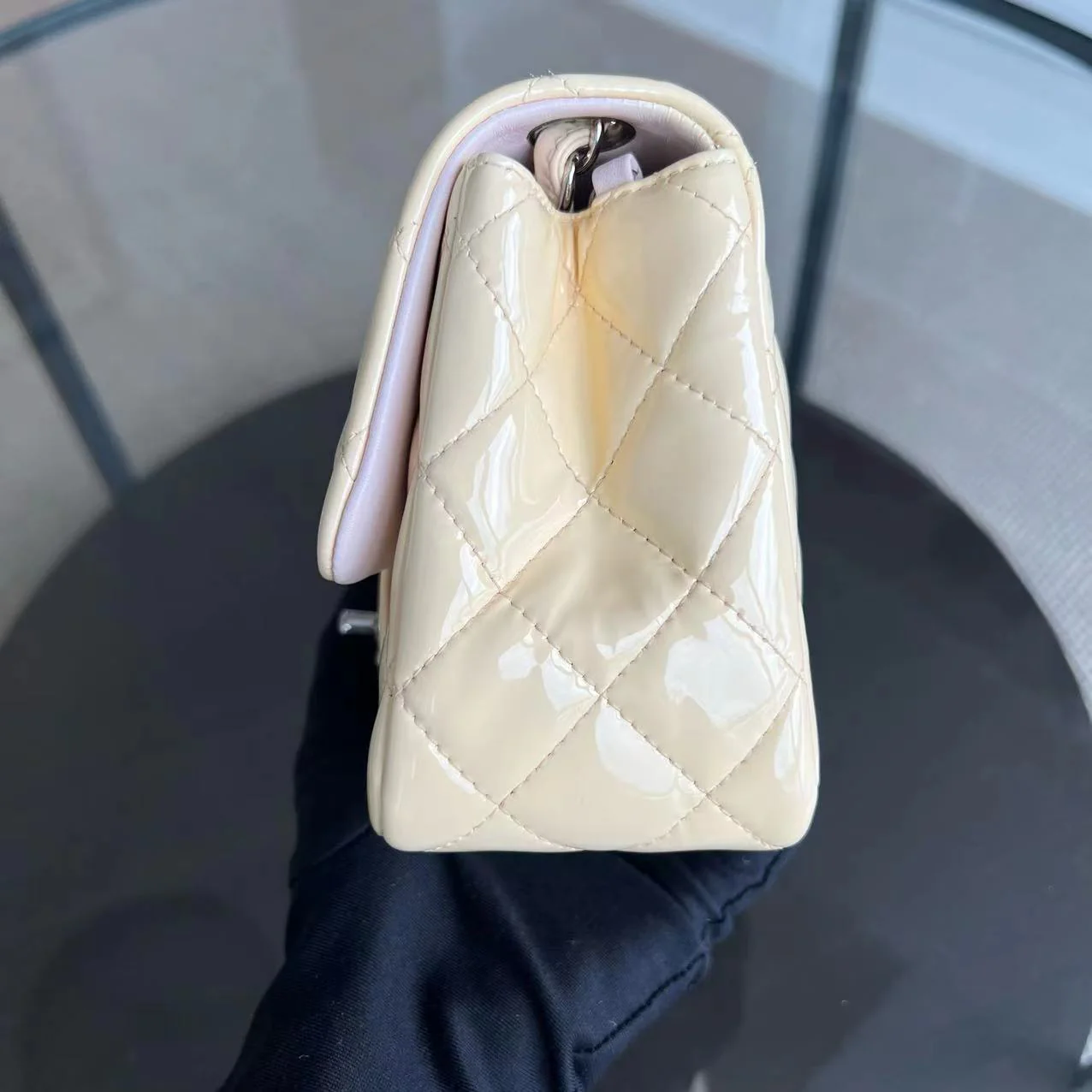 Chanel Mini Square Classic Flap Quilted Patent Calfskin Light Pink Yellow SHW No 17 - Best Luxury Designers