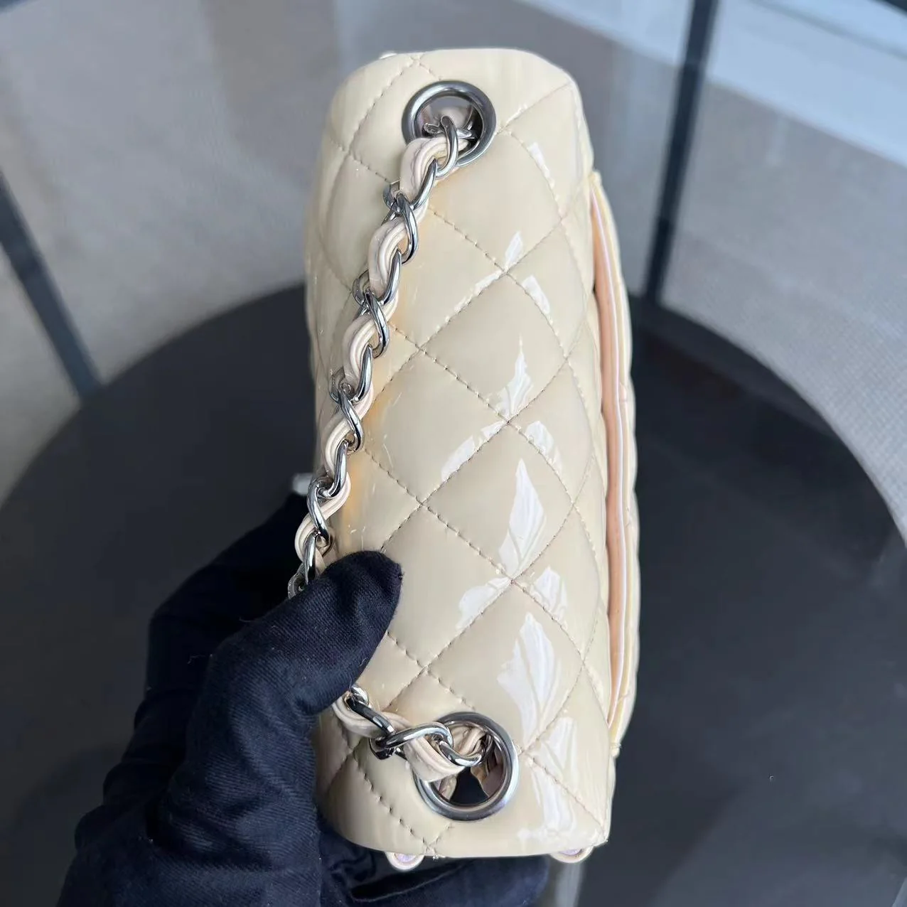 Chanel Mini Square Classic Flap Quilted Patent Calfskin Light Pink Yellow SHW No 17 - Best Luxury Designers