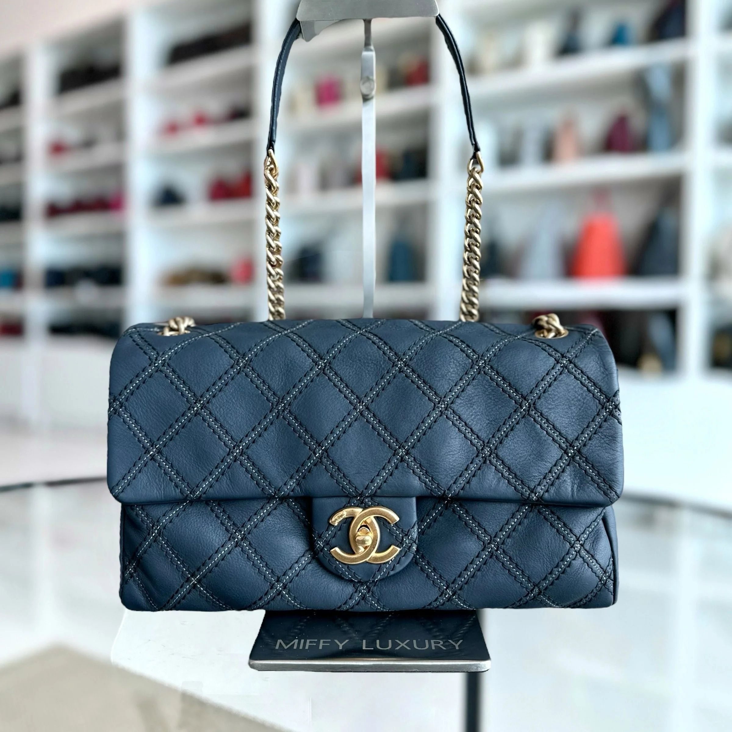 Chanel Seasonal Flap Iridescent Stitch Quilted Leather Bag Navy Blue GHW No 19 - Best Luxury Designers