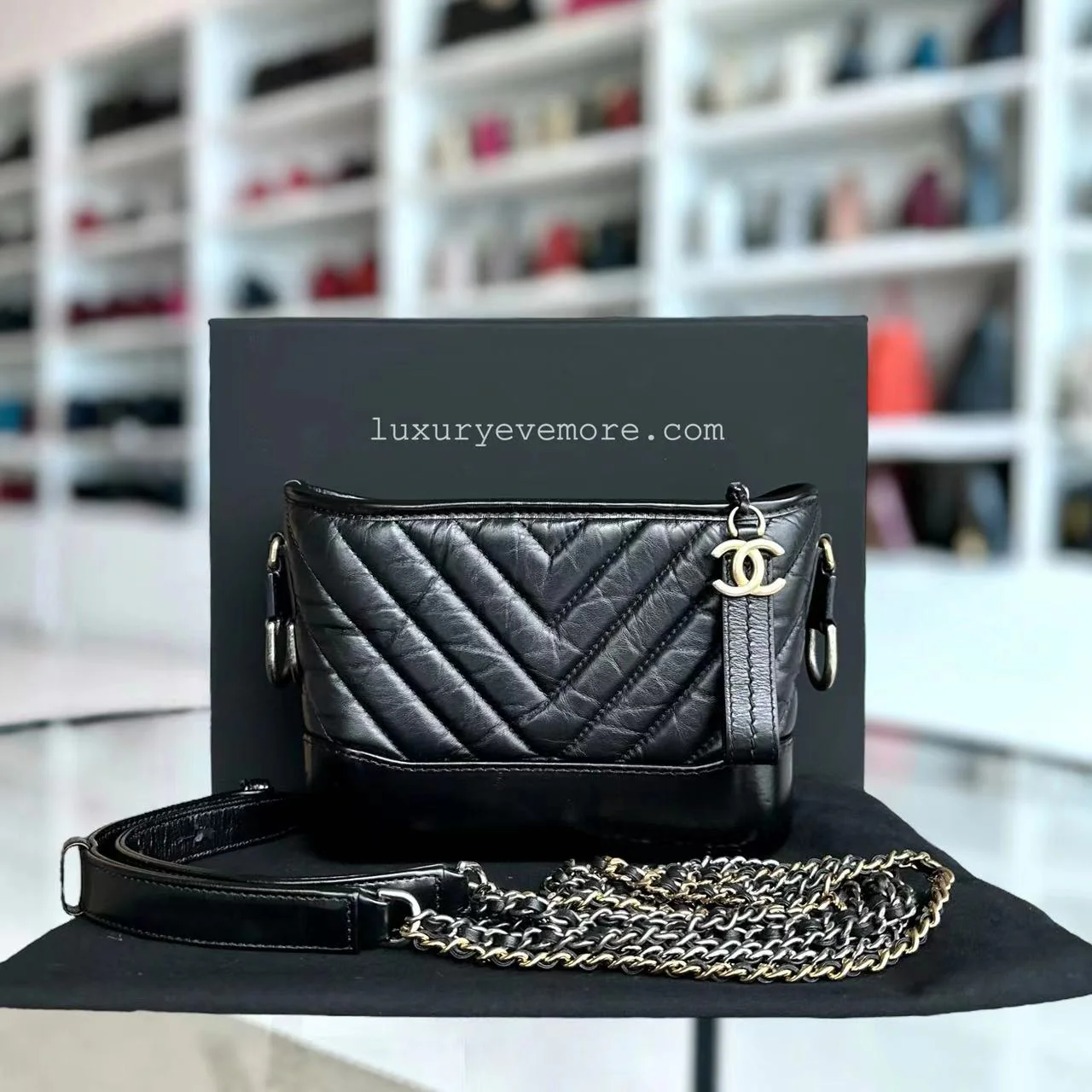 Chanel Small Gabrielle Chevron Calfskin Black Golden Hardware Series 27 - Best Luxury Designers