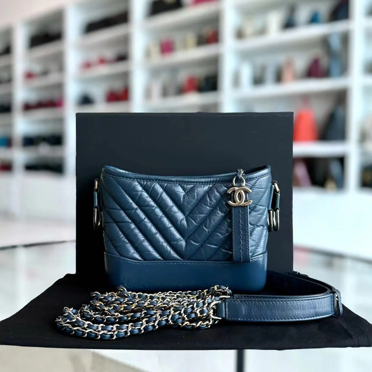 Chanel Small Gabrielle Hobo Chevron Calfskin Blue Two-Tone Hardware No 26 - Best Luxury Designers