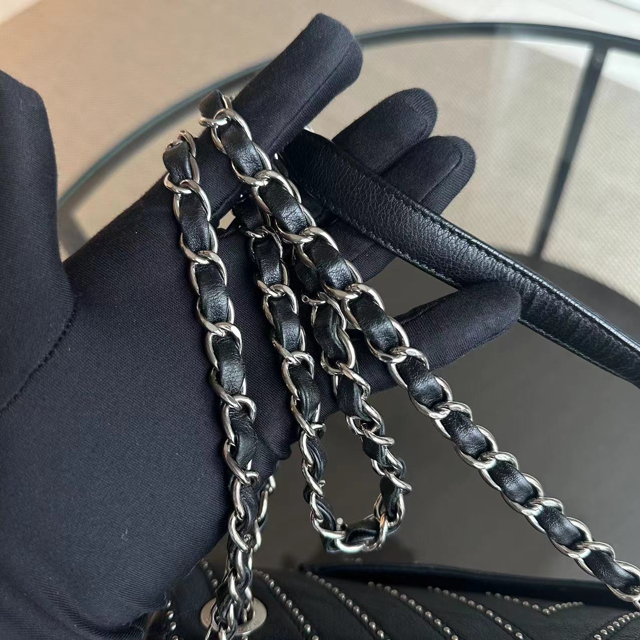 Chanel Studded Flap 28CM Chevron Calfskin Black SHW No 24 - Best Luxury Designers