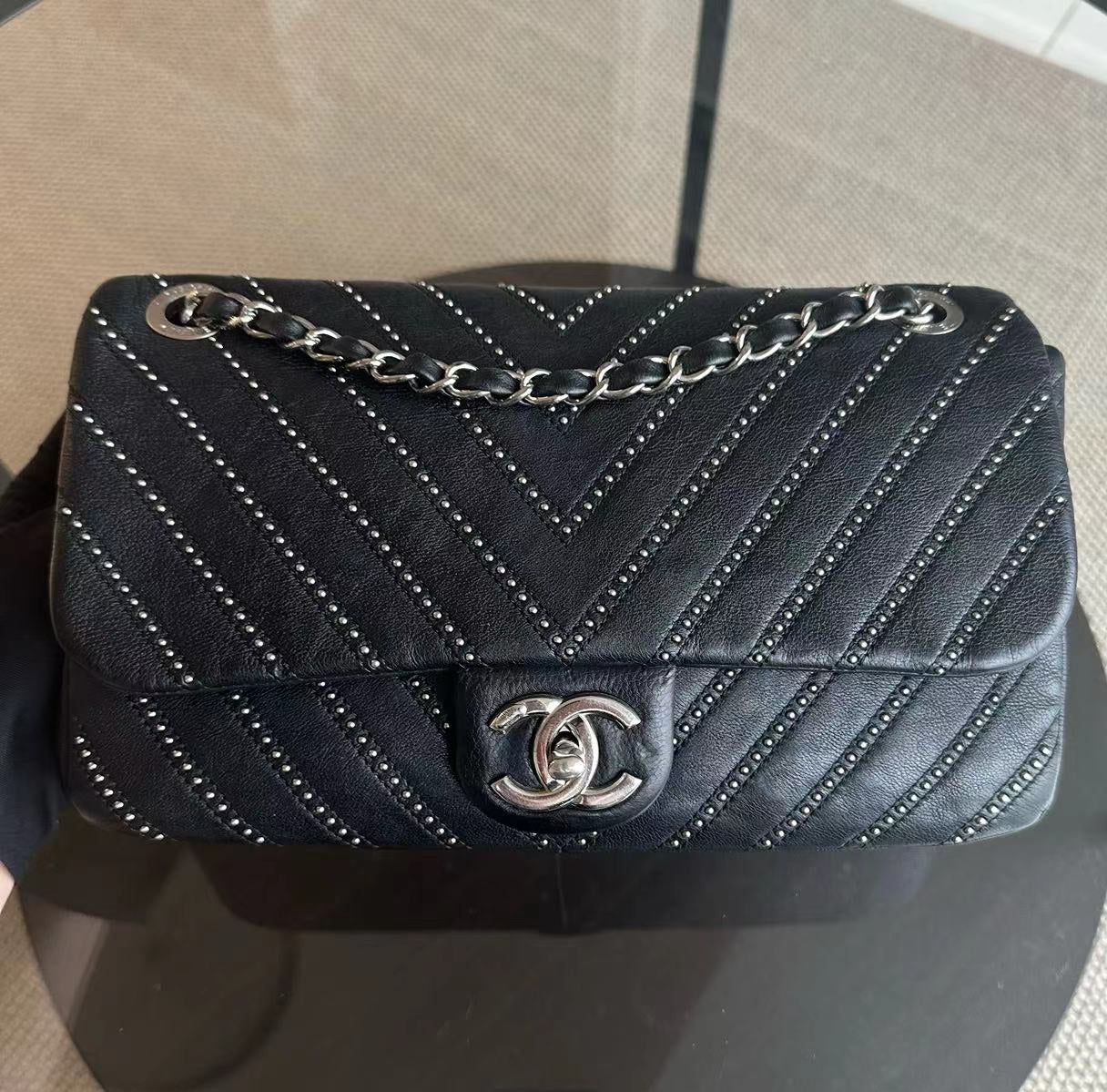 Chanel Studded Flap 28CM Chevron Calfskin Black SHW No 24 - Best Luxury Designers