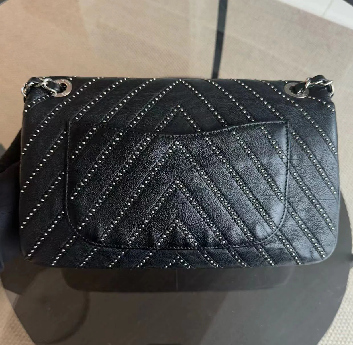 Chanel Studded Flap 28CM Chevron Calfskin Black SHW No 24 - Best Luxury Designers