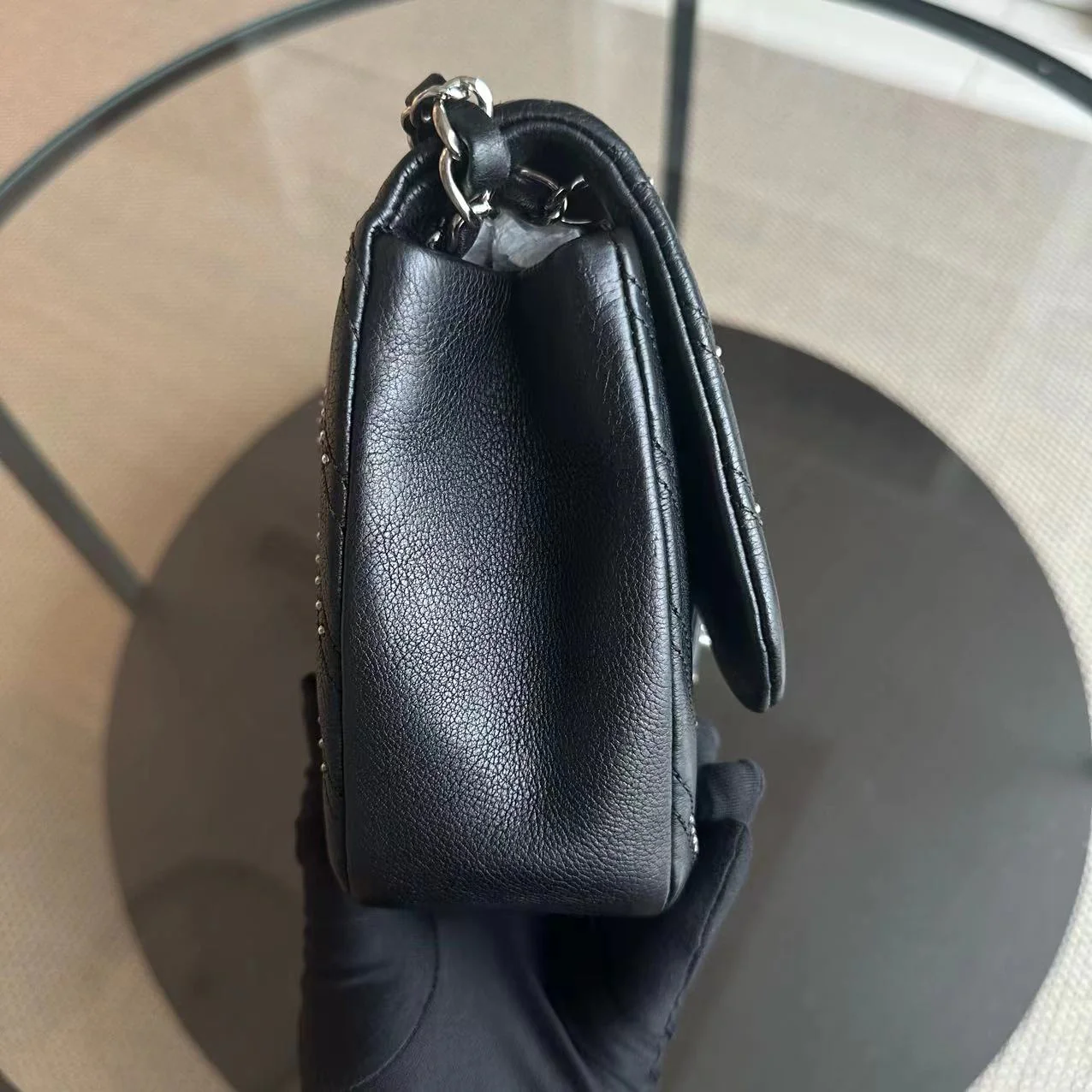 Chanel Studded Flap 28CM Chevron Calfskin Black SHW No 24 - Best Luxury Designers