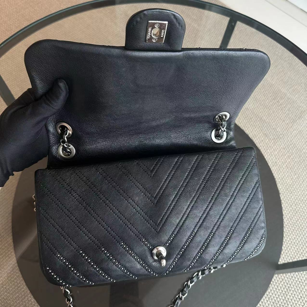 Chanel Studded Flap 28CM Chevron Calfskin Black SHW No 24 - Best Luxury Designers