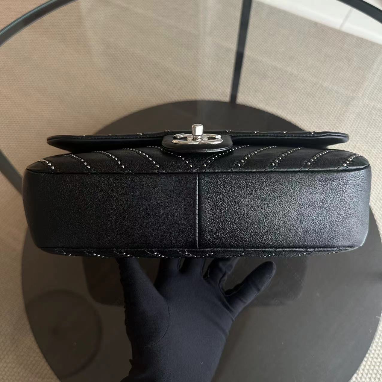 Chanel Studded Flap 28CM Chevron Calfskin Black SHW No 24 - Best Luxury Designers