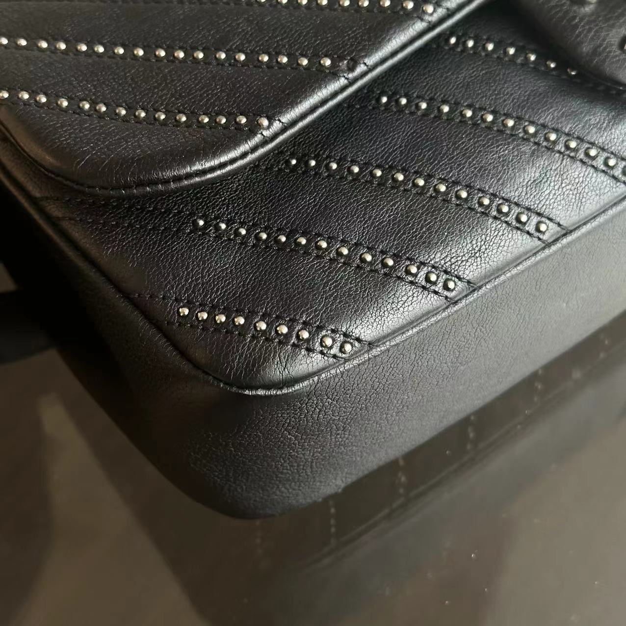 Chanel Studded Flap 28CM Chevron Calfskin Black SHW No 24 - Best Luxury Designers