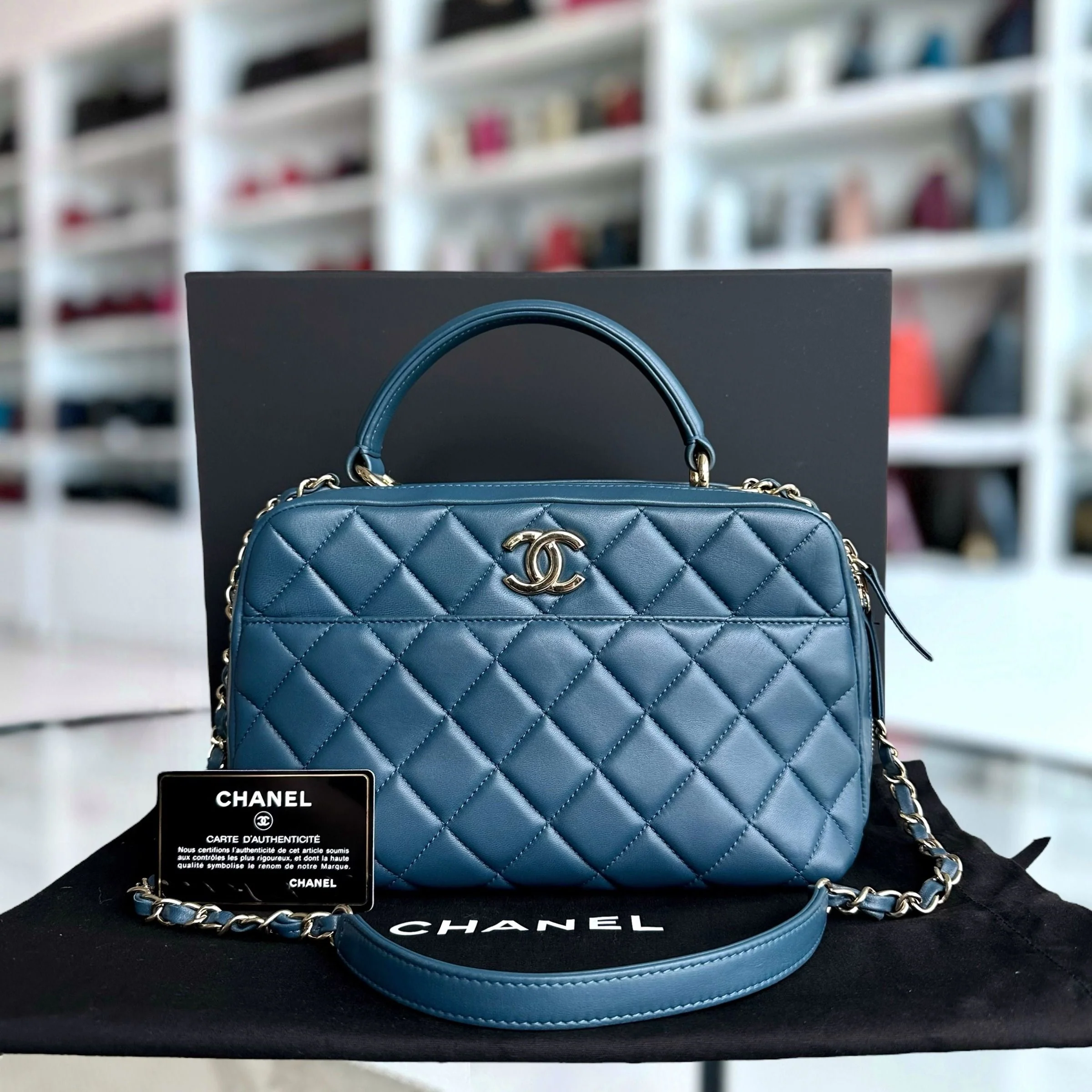 Chanel Trendy CC Quilted Lambskin Bowling Camera Bag Dark Blue SHW No 23 - Best Luxury Designers