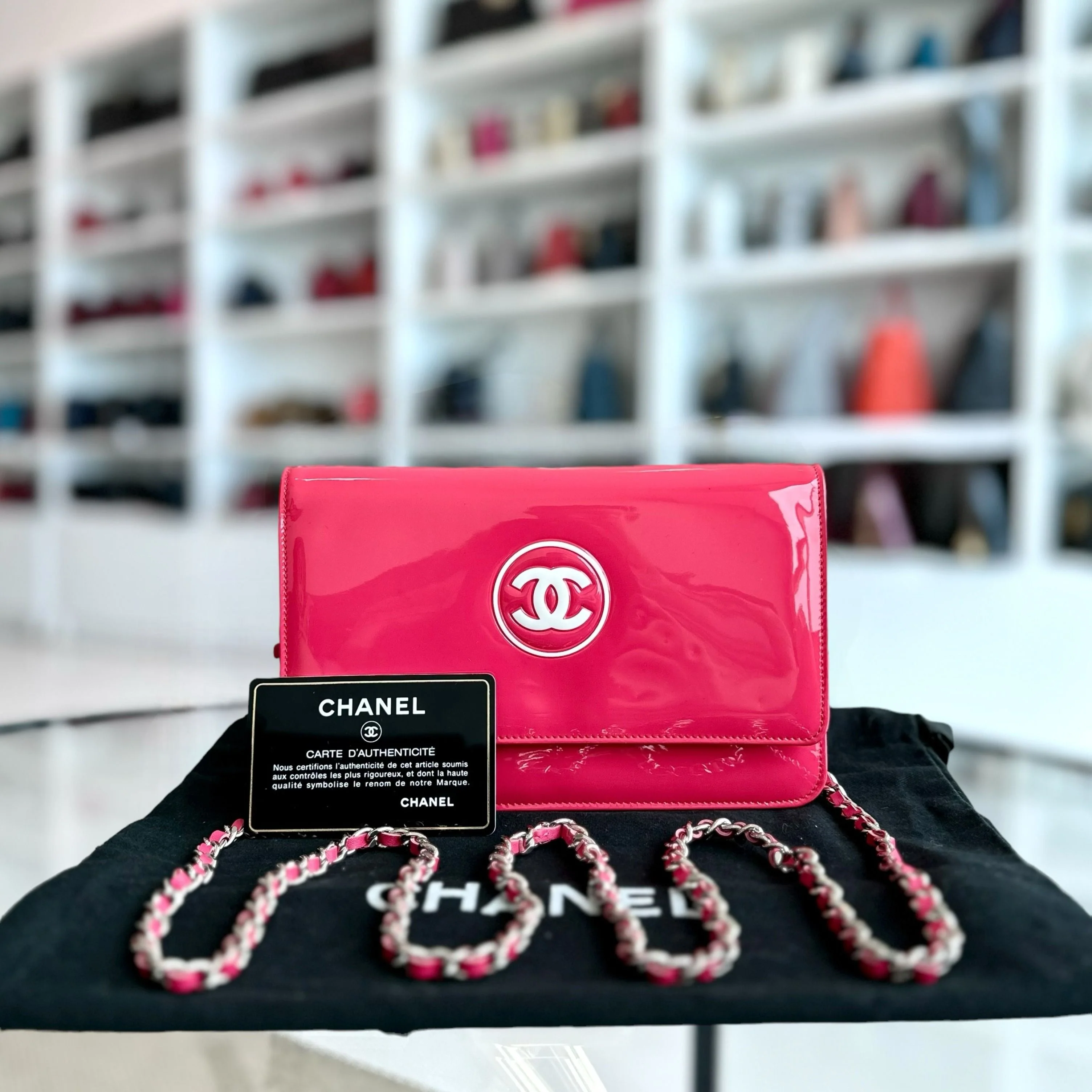 Chanel WOC Wallet On Chain CC Patent Leather Pink No 17 - Best Luxury Designers