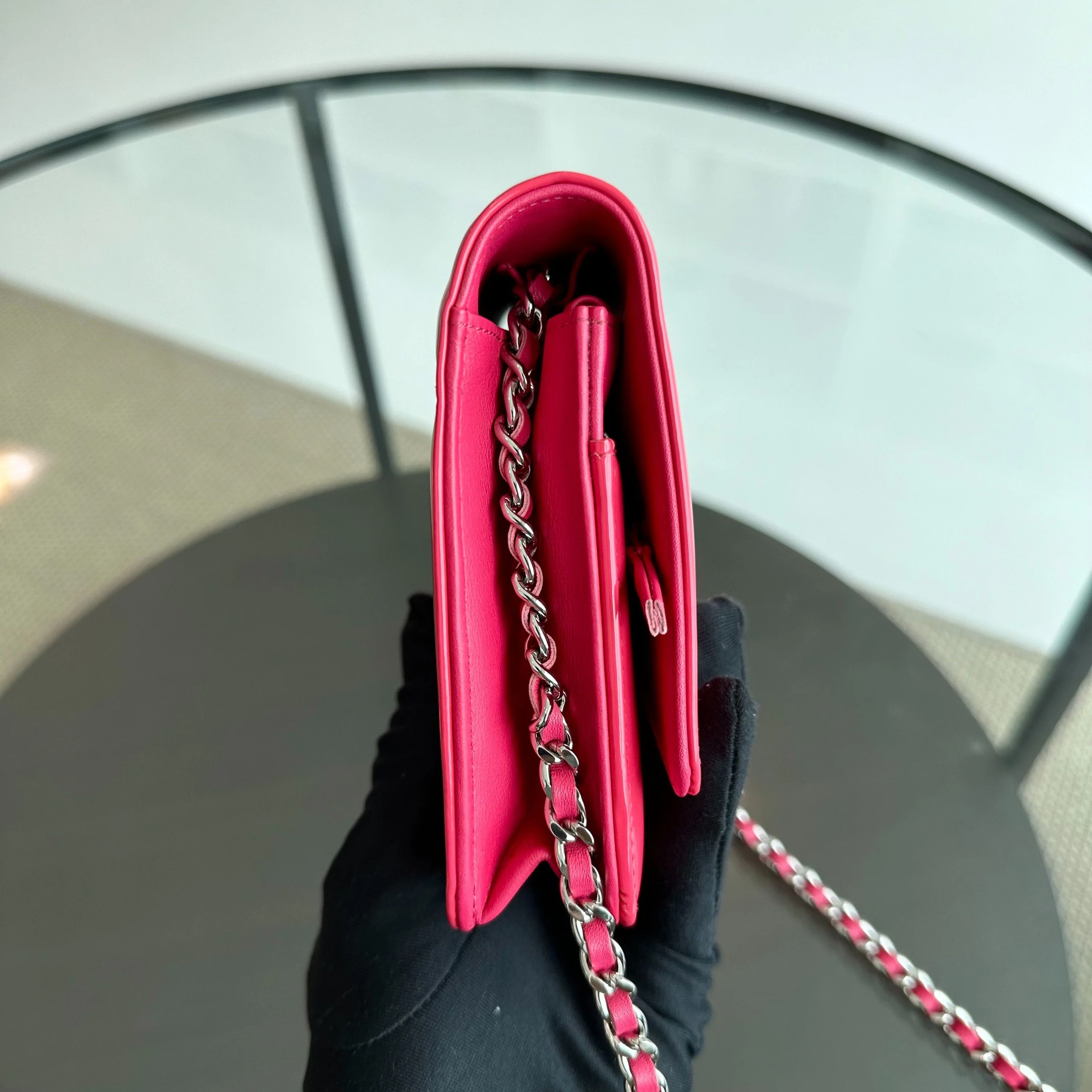 Chanel WOC Wallet On Chain CC Patent Leather Pink No 17 - Best Luxury Designers