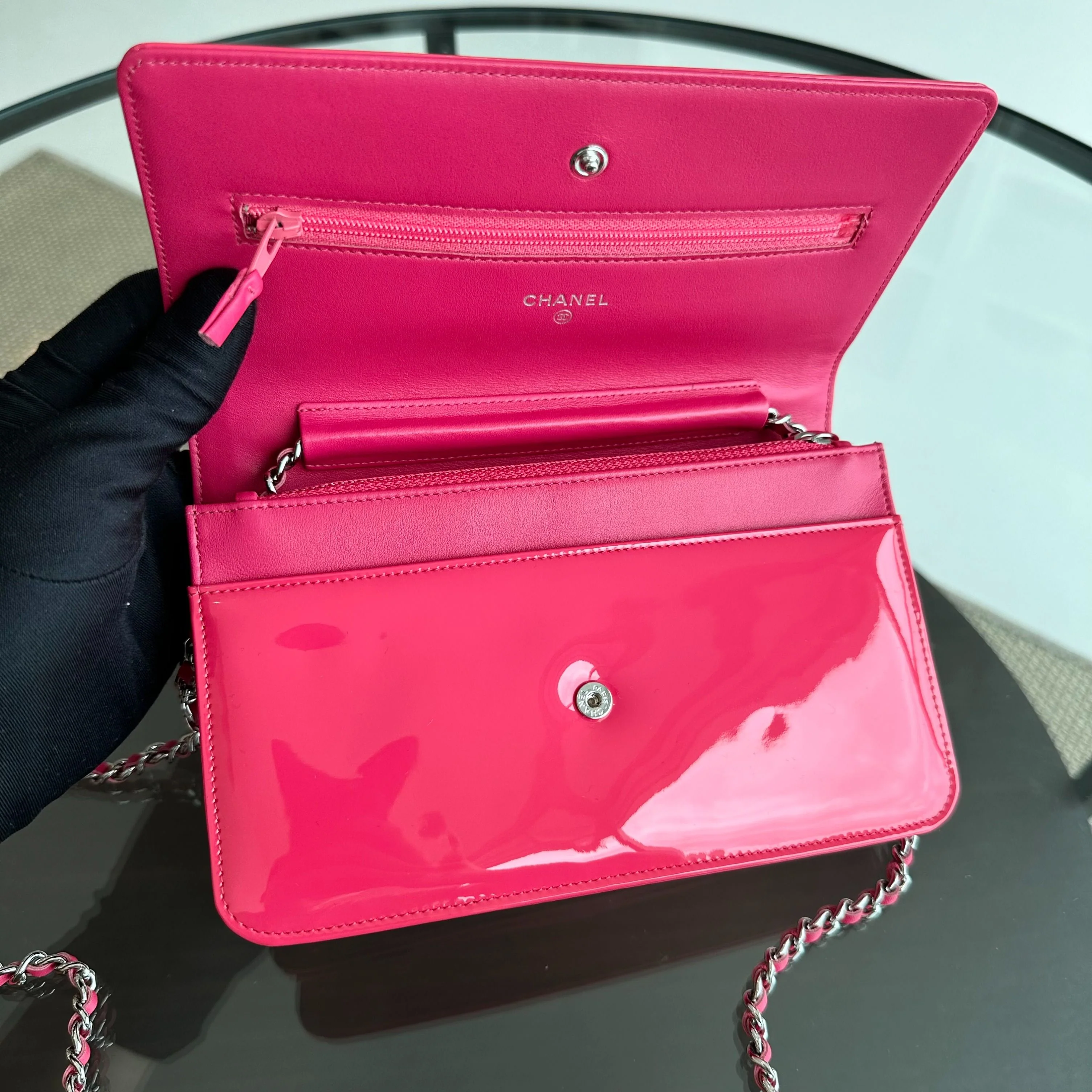 Chanel WOC Wallet On Chain CC Patent Leather Pink No 17 - Best Luxury Designers