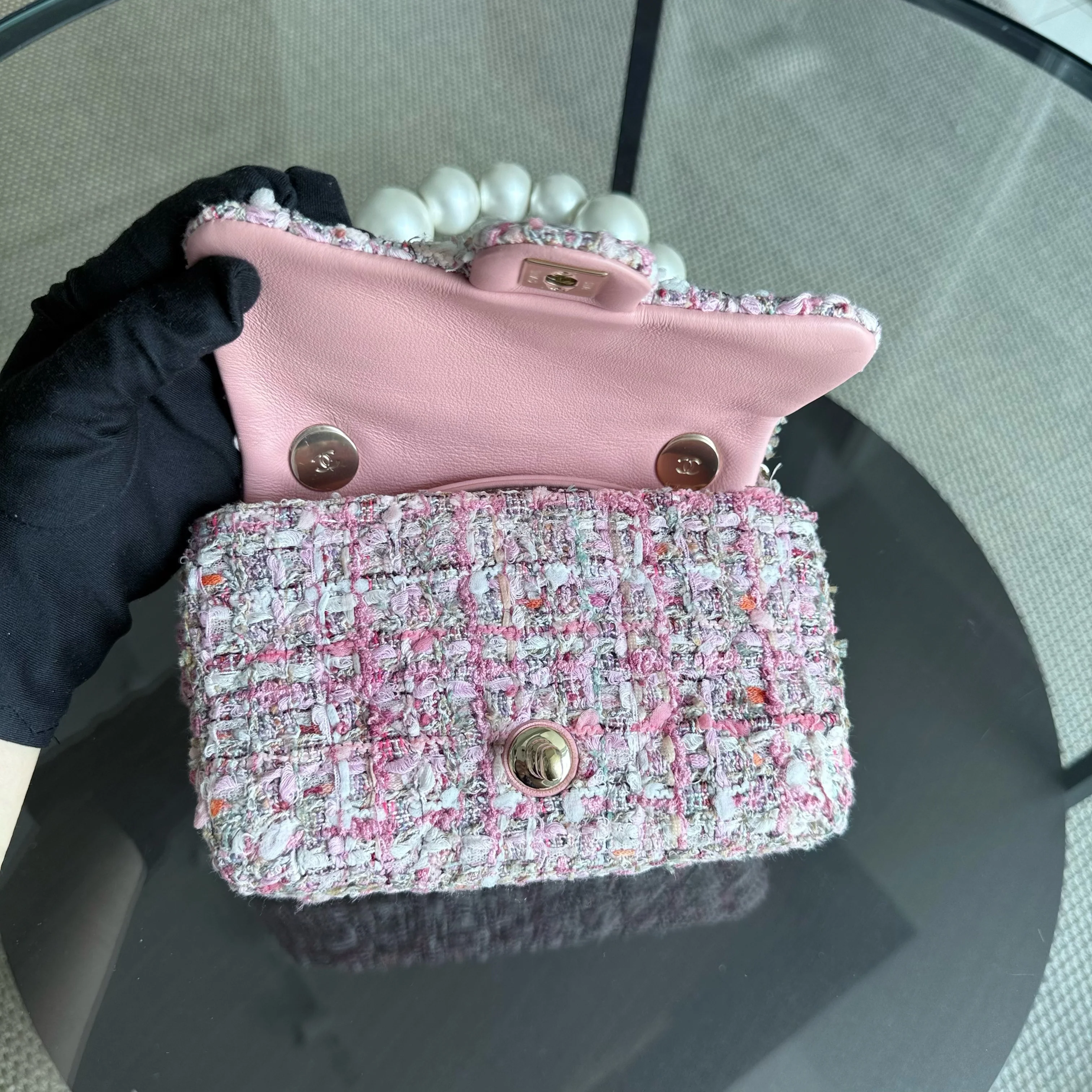Chanel Classic Flap Mini Square Pearl Tweed - 20CM Pink Gold Hardware Series 27