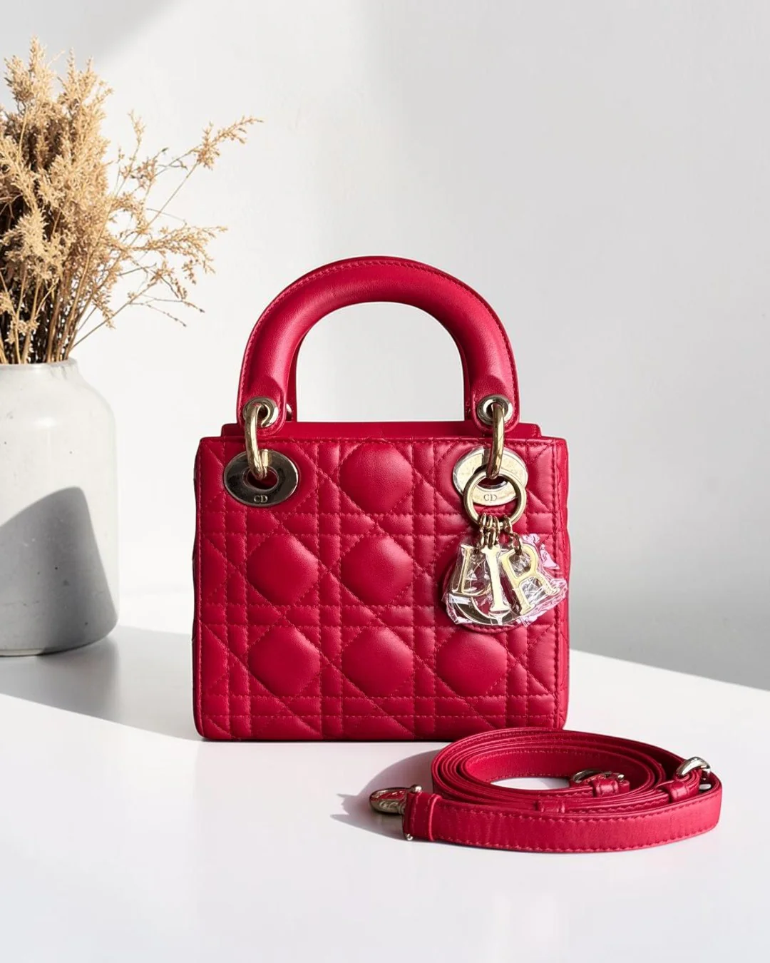 Dior Lady Mini - Cannage Lambskin Red Gold Hardware Adjustable Strap